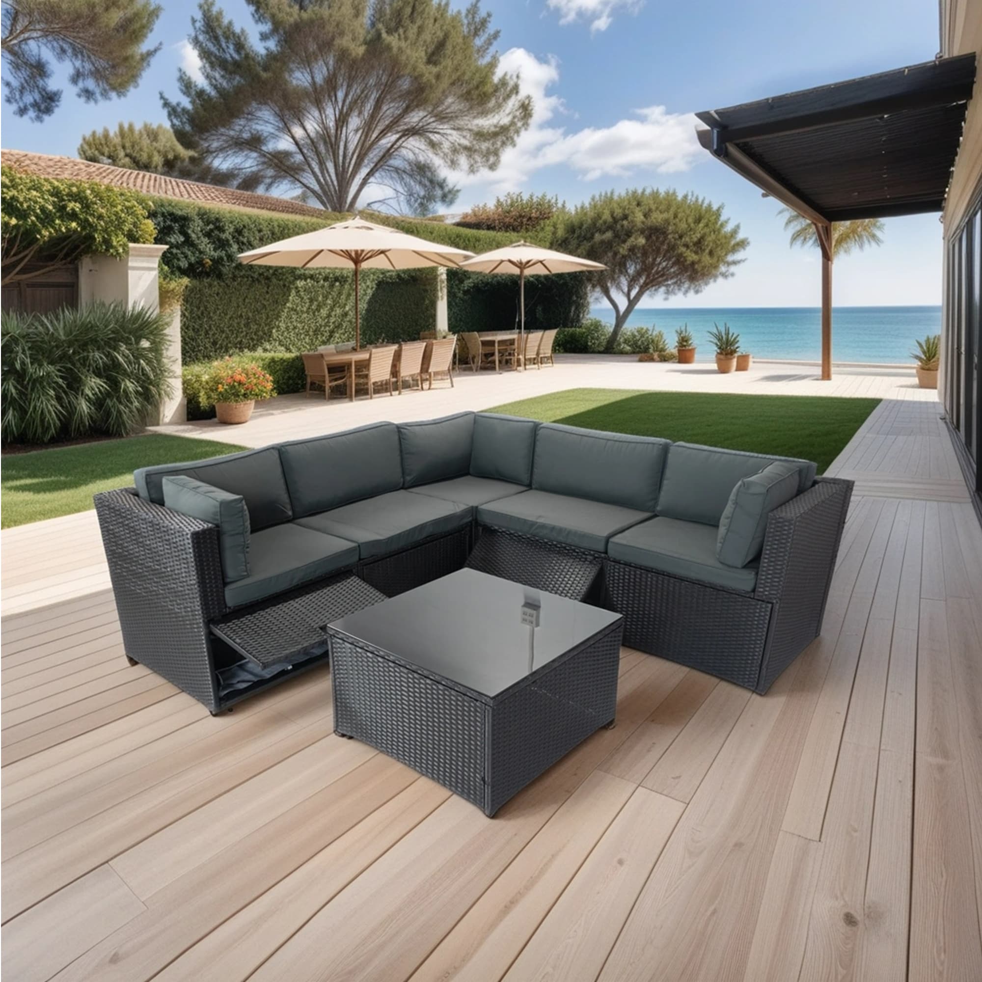 Forclover N7FW-206BE 6 -Piece Rattan Patio Conversation Set with Gray Cushions