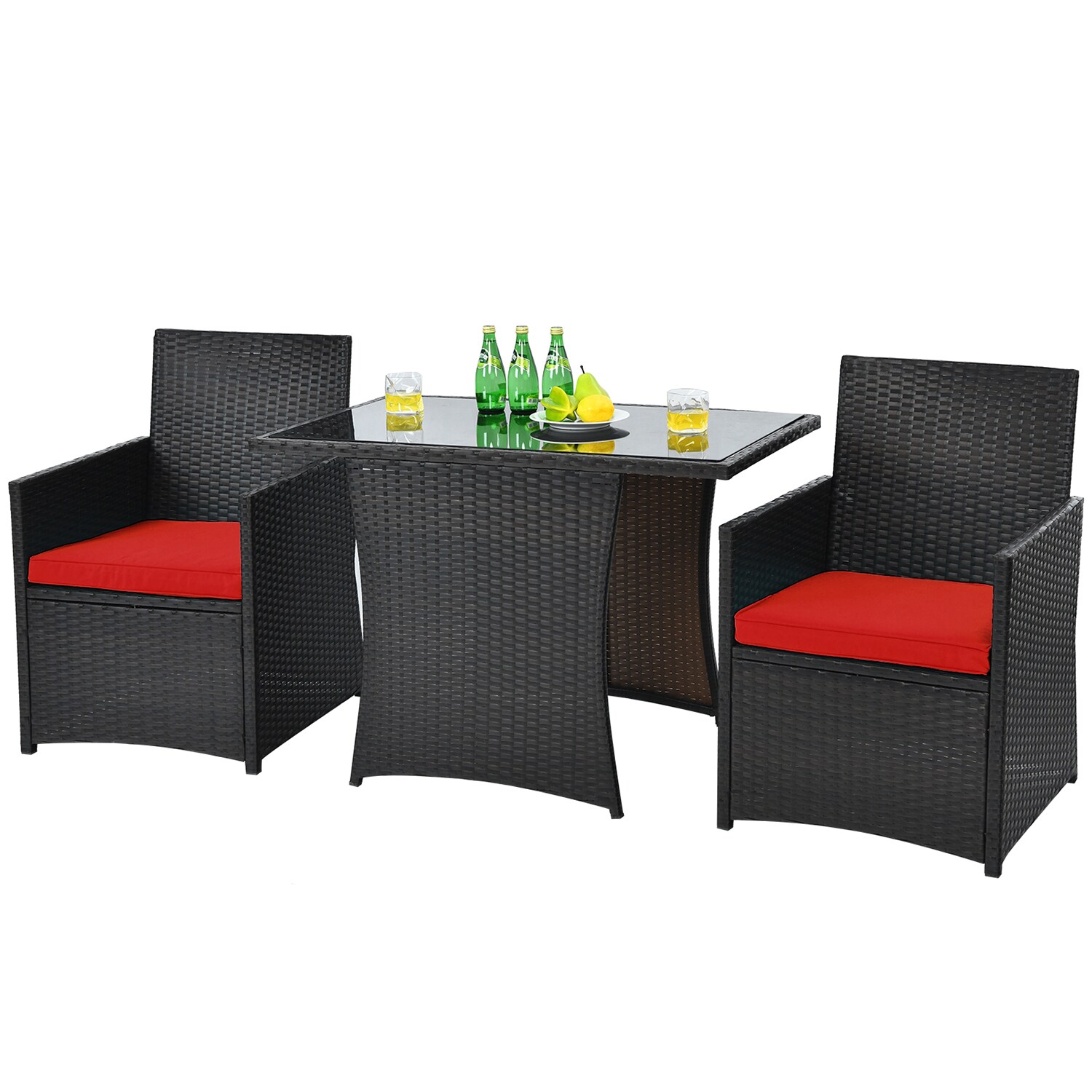 Forclover HYFE-70640 Patio Conversation Sets 3 -Piece Wicker Patio Conversation Set with Red Cushions