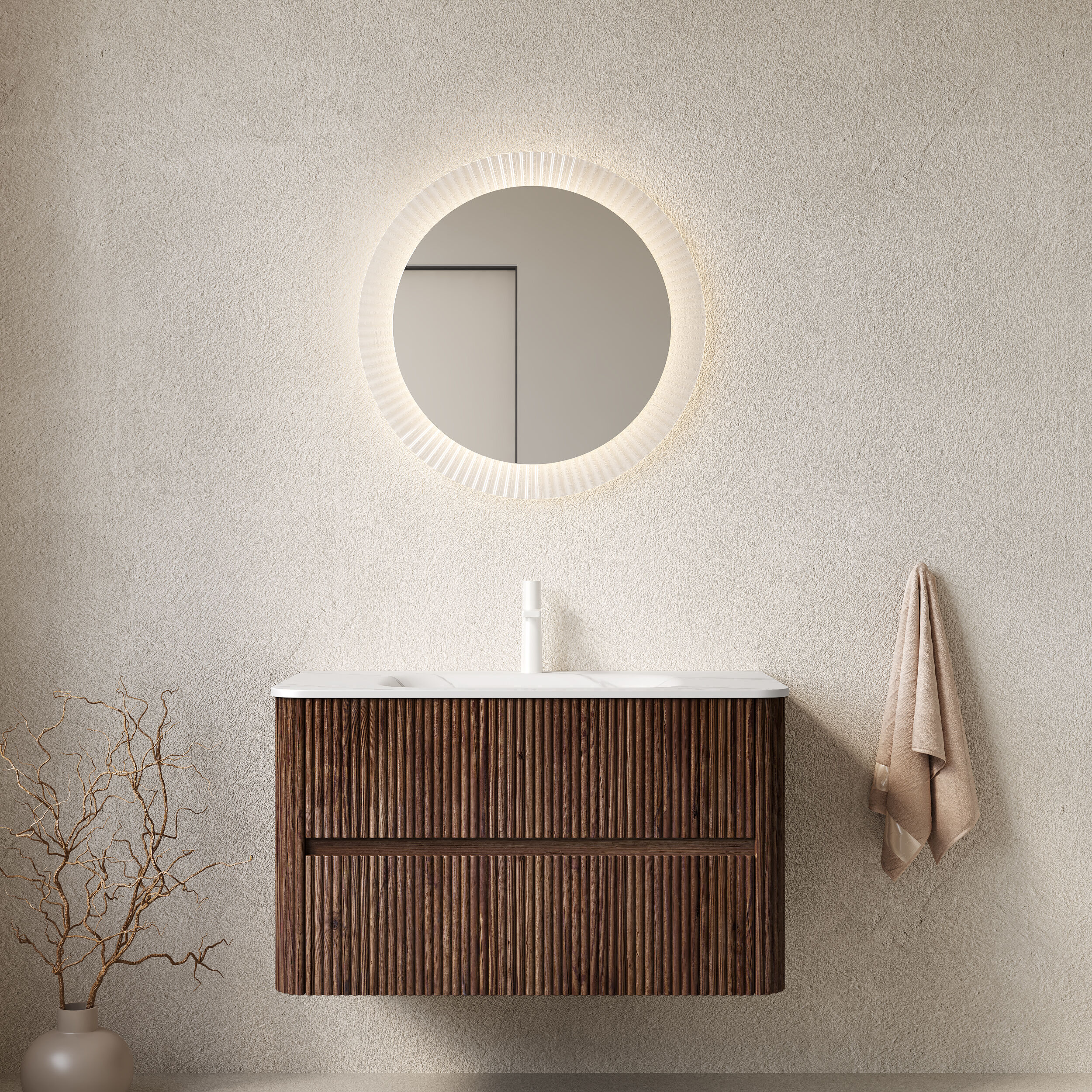 Tatayosi 36 inches Bathroom Vanity Sink Floating Stripe Plywood Storage Cabinet with 2 Drawers Carrara White Sintered Stone Hot-bent Integrated Rectangle Basin Pre-assembled Retro Walnut Woodgrain Color