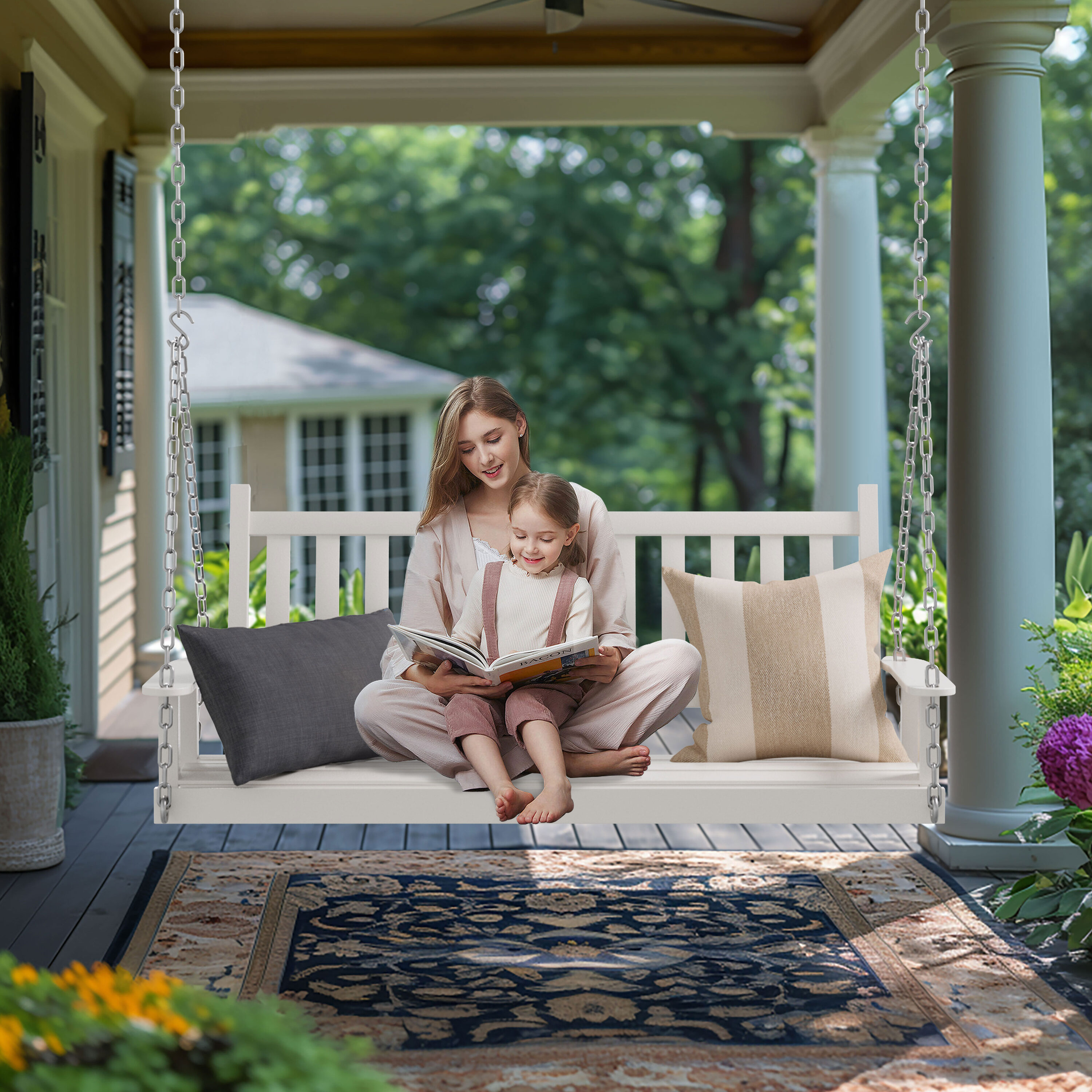 VEIKOUS 5FT White Wooden Porch Swing With High Back And Deep Seat ...