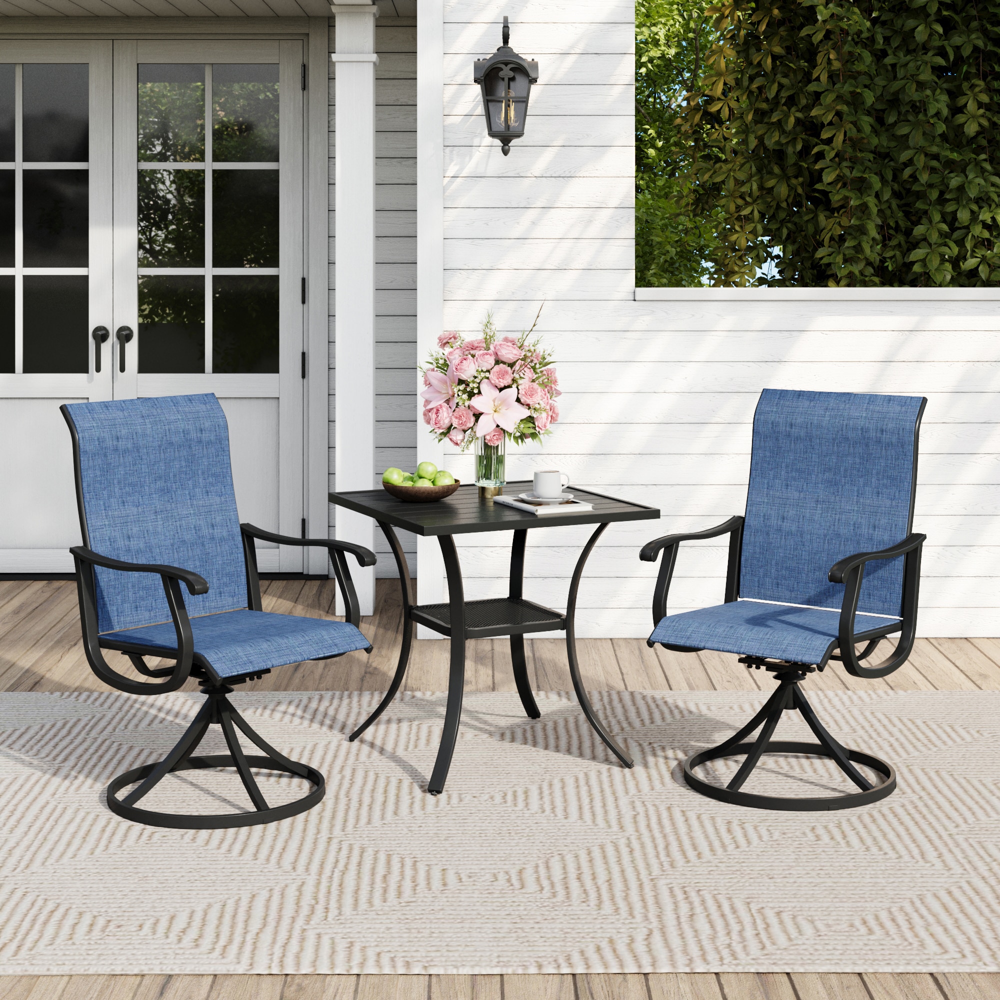 VICLLAX HBT04BL-KDCS03DB-3V Patio Dining Set 3 -Piece Black Patio Dining Set Steel Square Table with 2 Blue Swivel Chairs