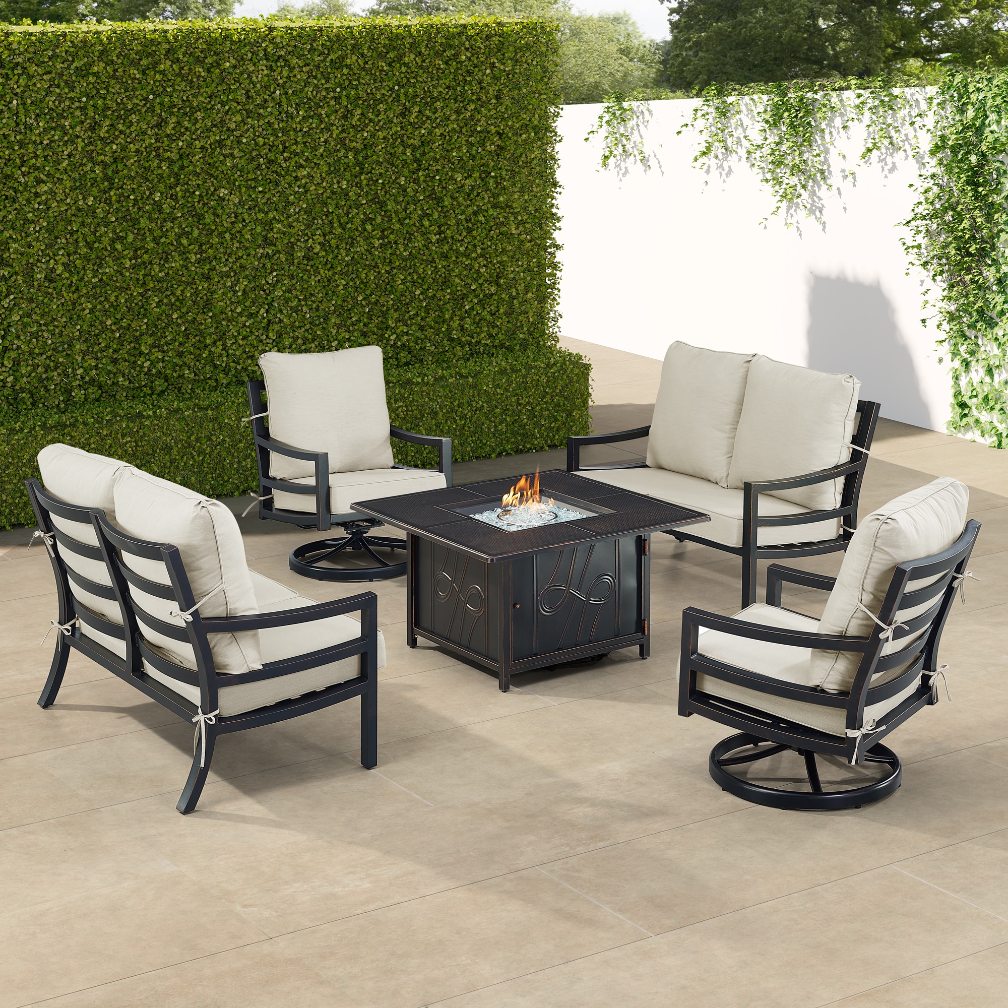 Oakland Living HUDSON2LS2CHREGISLGC Fire Pit Table Set, Two Loveseats, Two Lounge Chairs and Wind Guard 18 -Piece Patio Conversation Set with Gray Cushions