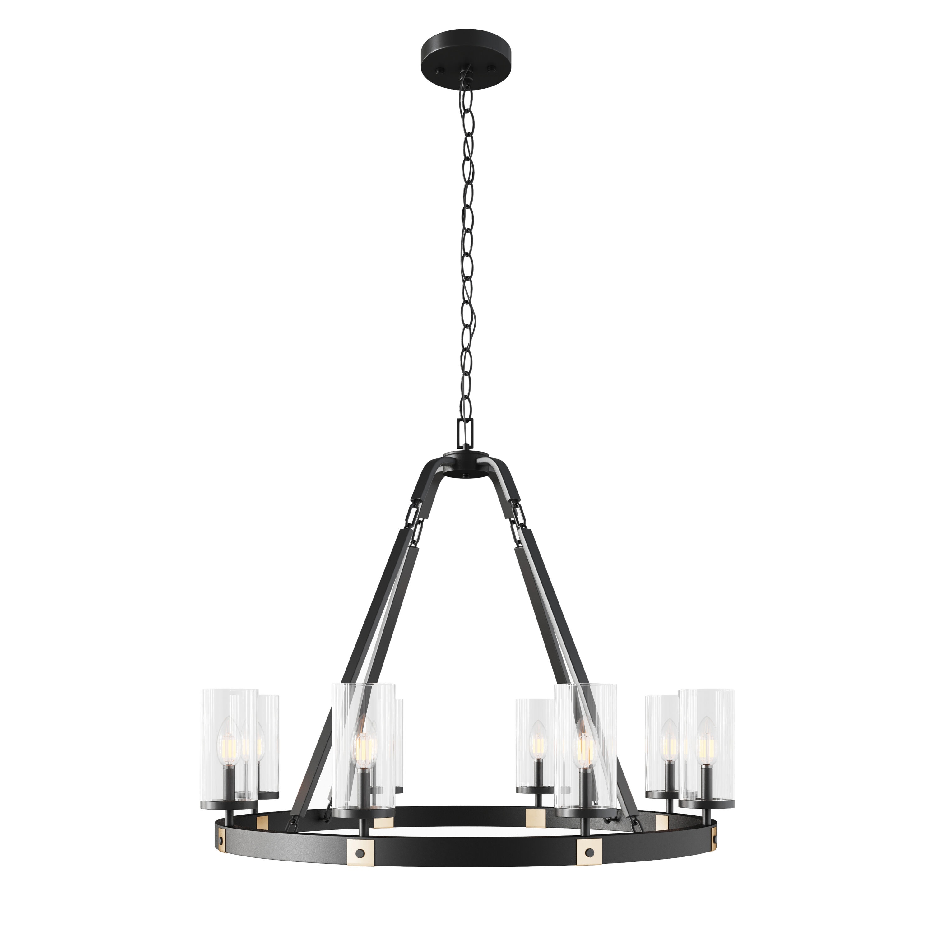 Black Industrial Wagon Wheel Candle Chandelier with Clear Glass Shades