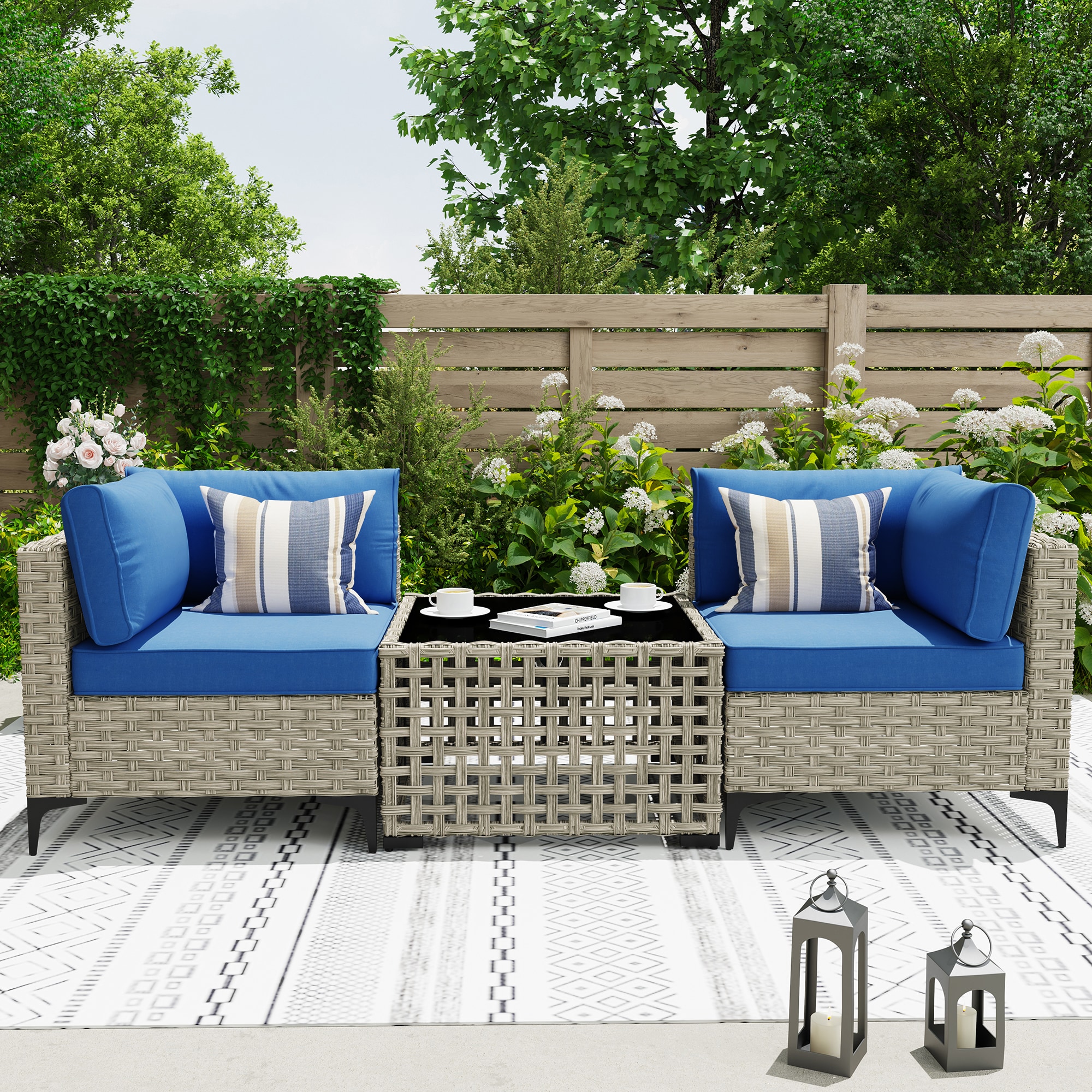 Caodoc L5-VNC700-3-1 SKT Rattan Outdoor Sectional with Blue Cushions and Wicker Frame