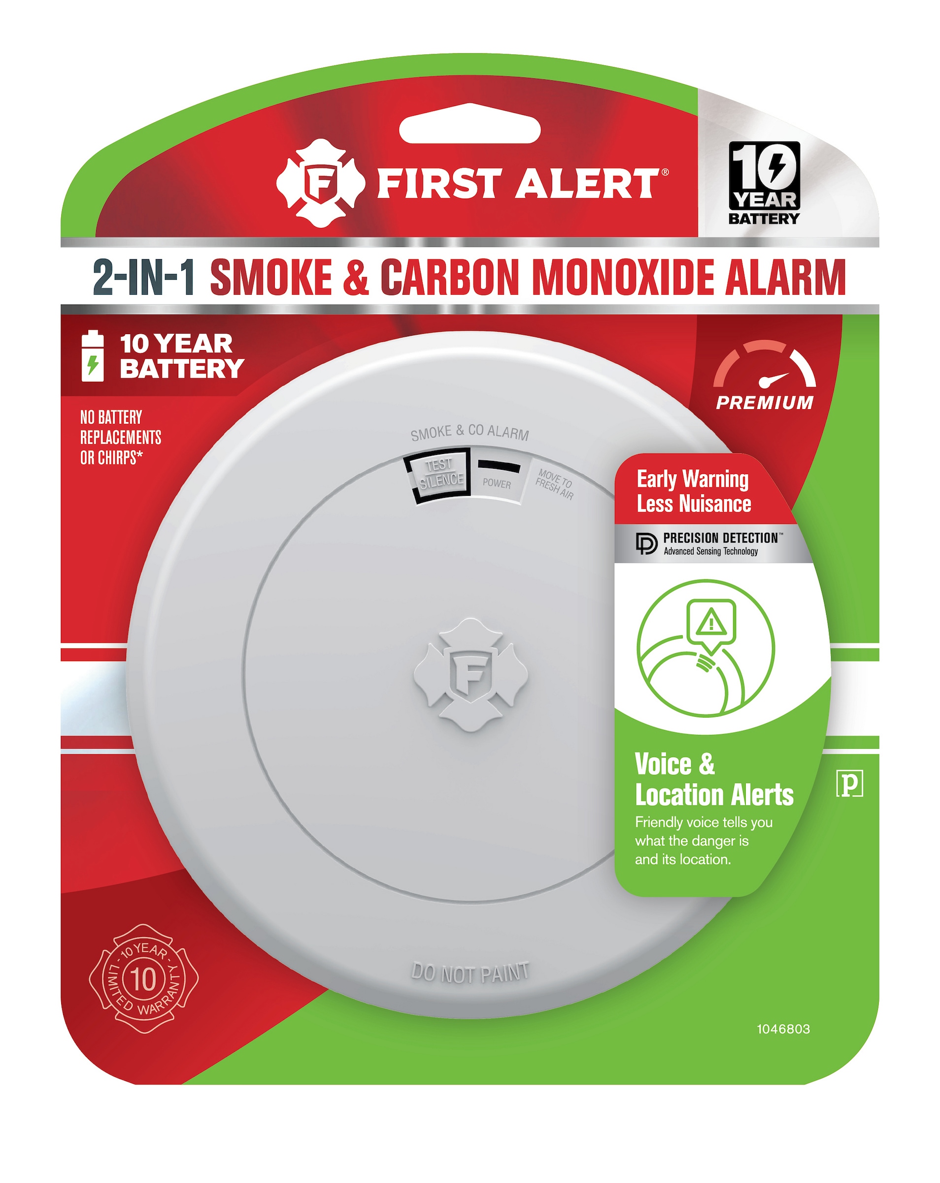 First Alert 1046803 10-Year Battery, Battery-operated Photoelectric Combination Smoke and Carbon Monoxide Detector with Voice Alert