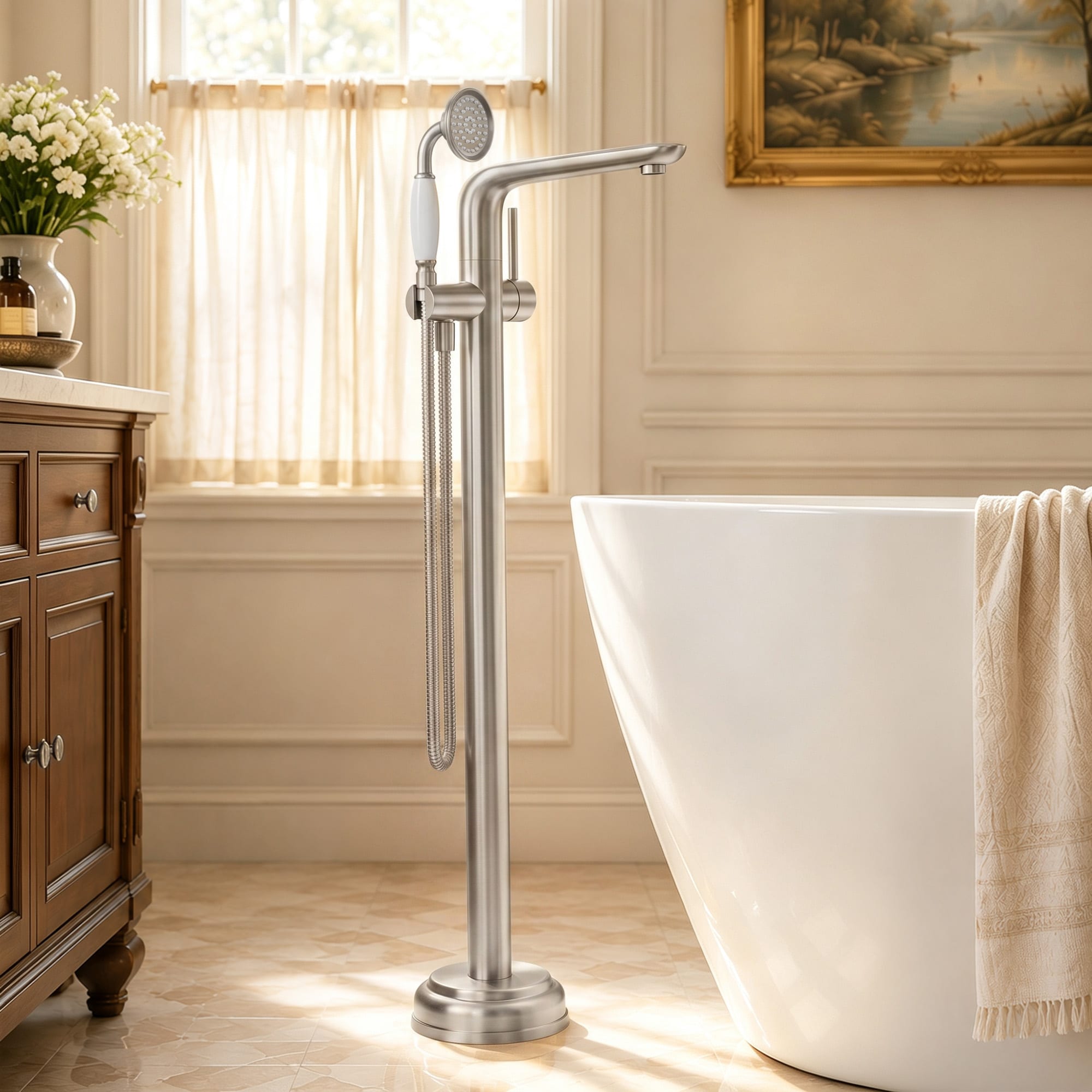 EVERSTEIN Brushed Nickel European-Style Floor-Mount Tub Faucet With Handheld Shower