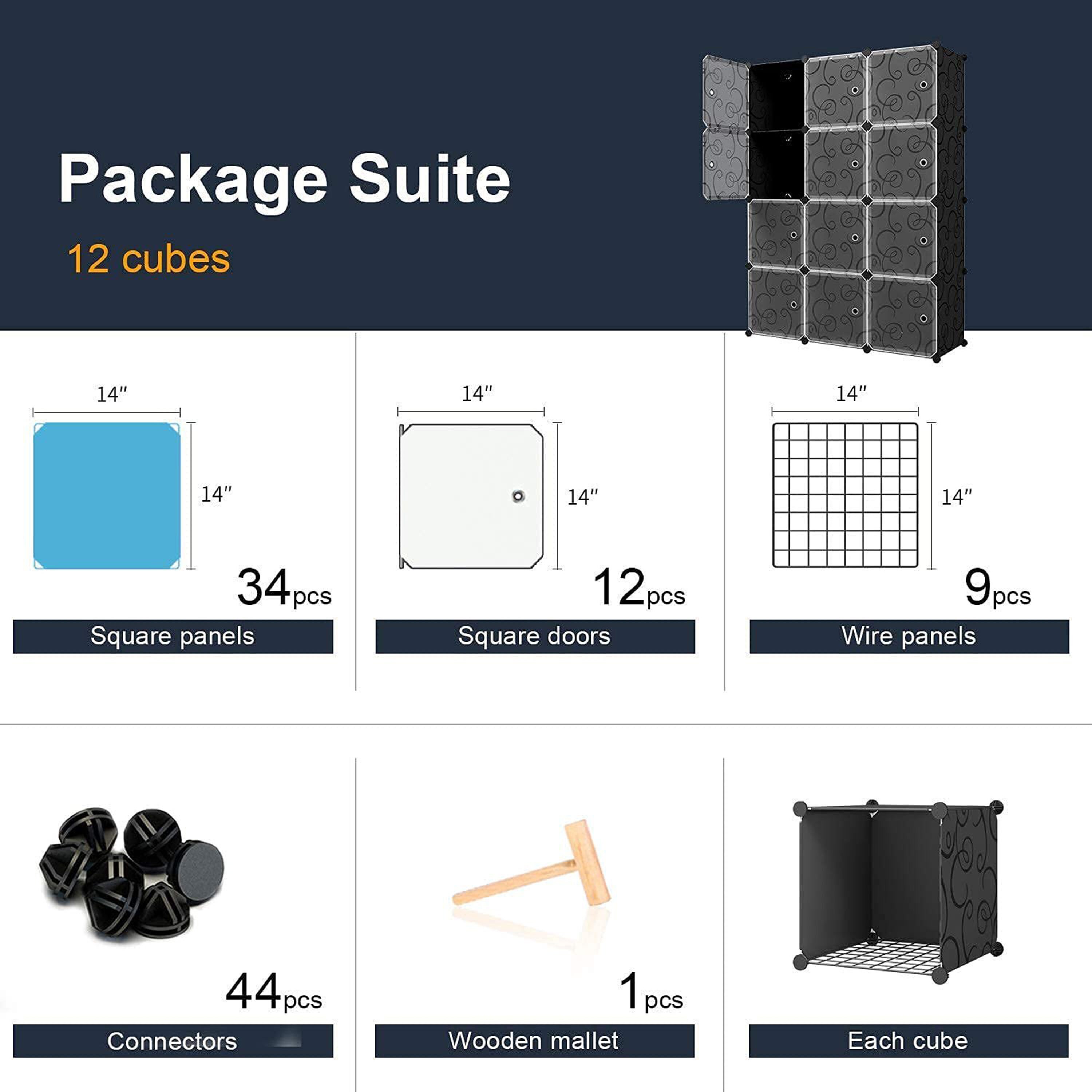 Black Plastic 12-Cube Storage Organizer for Bedroom Office Living