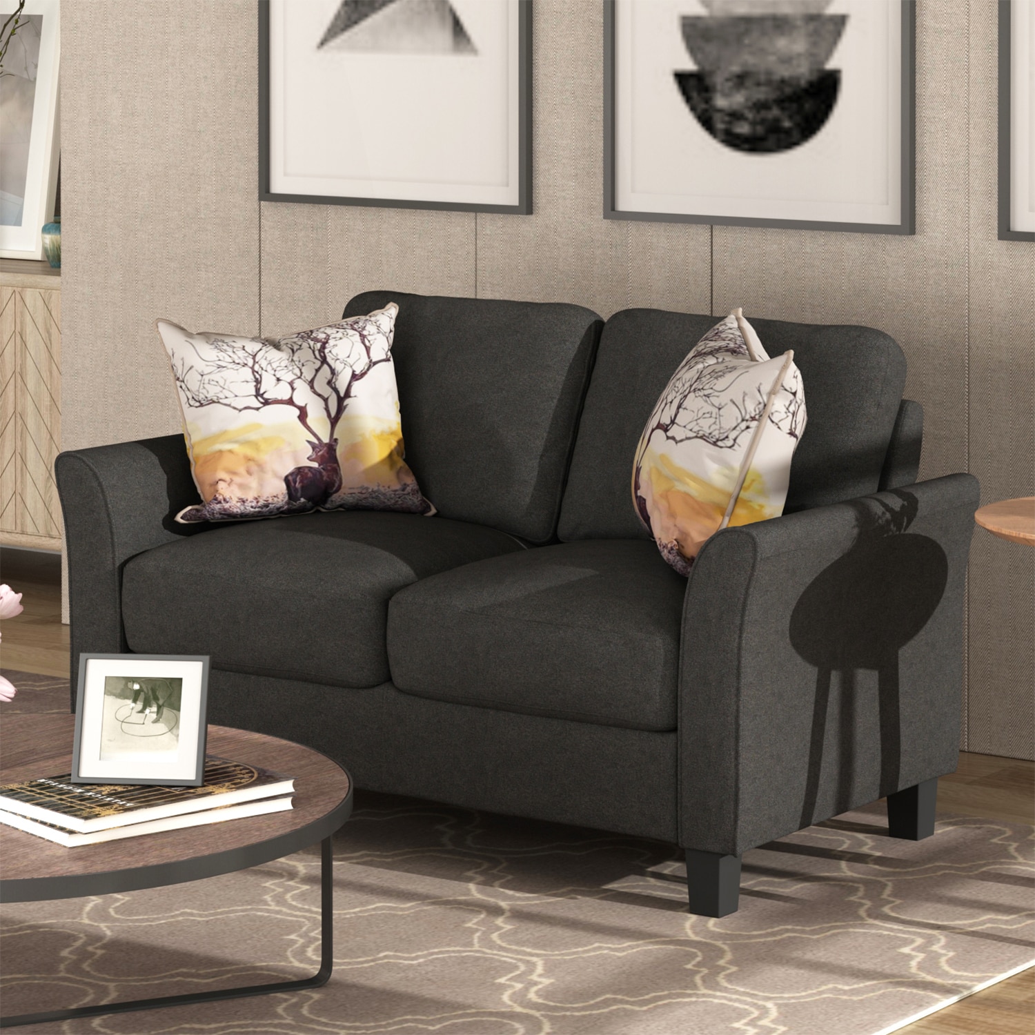 CASAINC 53.7-in Modern Black Linen 2-seater Loveseat in the Couches ...