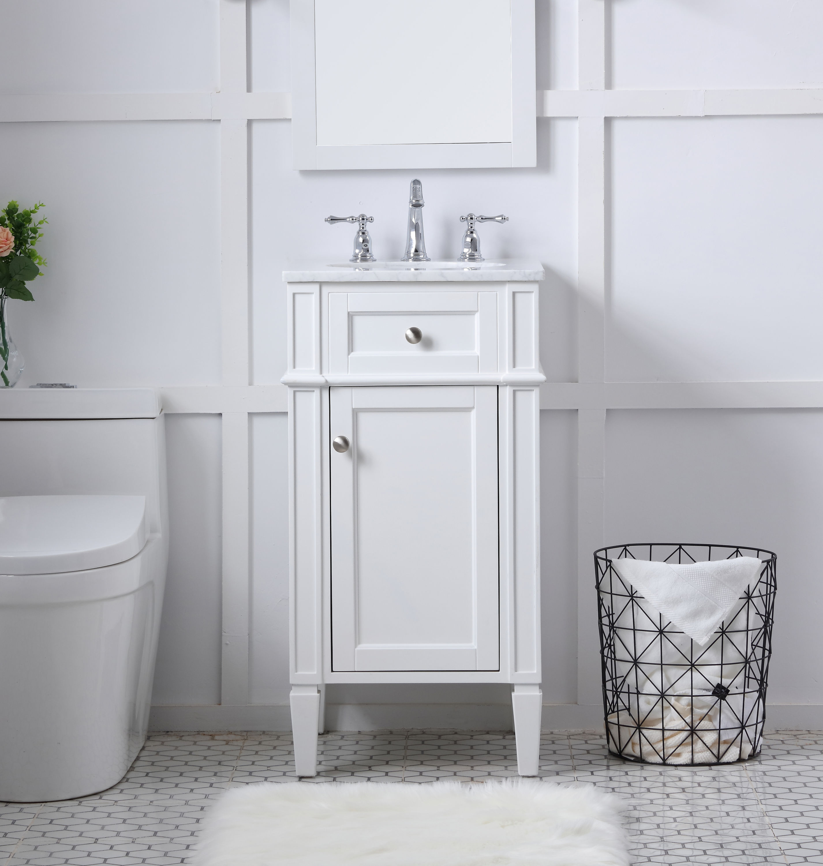 White Carrara Marble Single Sink Vanity with Storage Cabinet