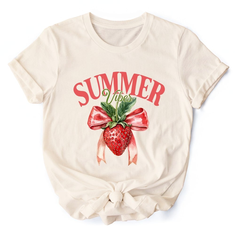 OrnamentallyYou TSHIRT1148-NAT-S Summer Vibes Strawberry T-Shirt Seasonal Tee with Coquette Style
