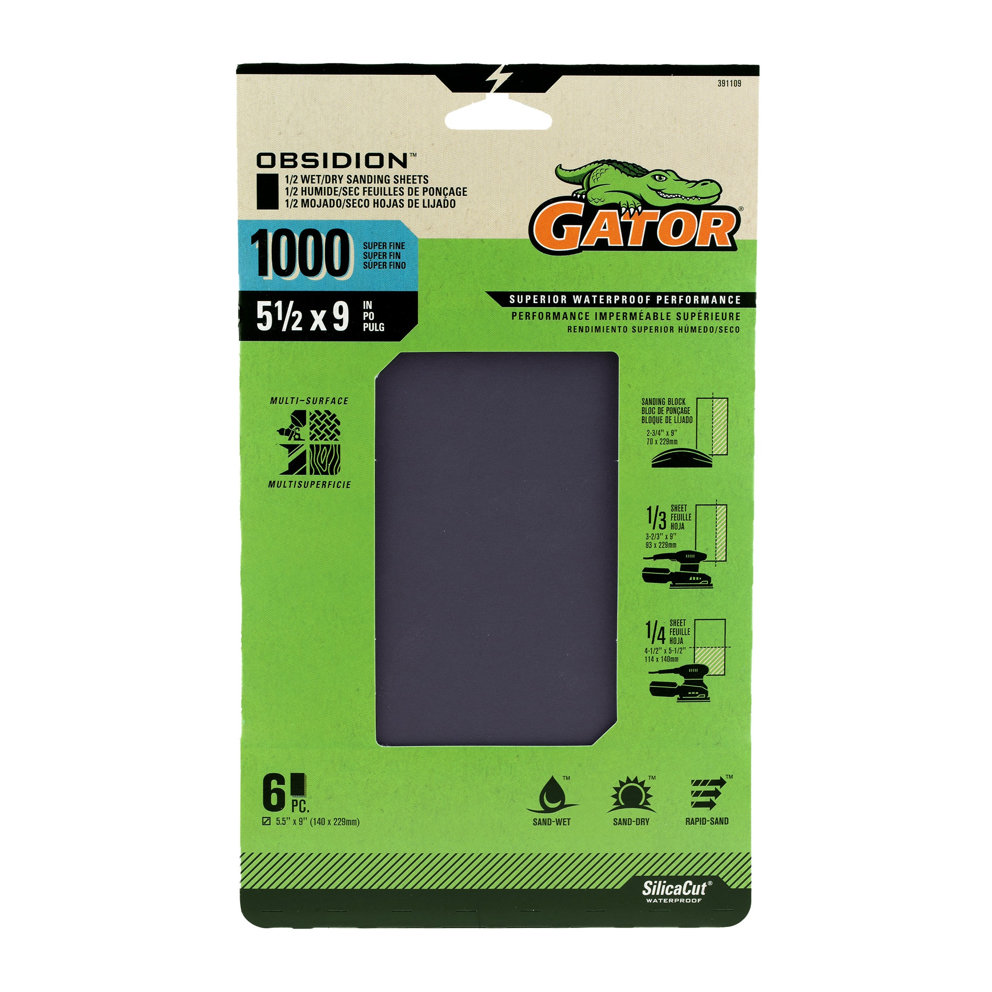 Gator 391109 Obsidion 6 -Piece Silicon carbide 1000 -Grit Sheet Sandpaper