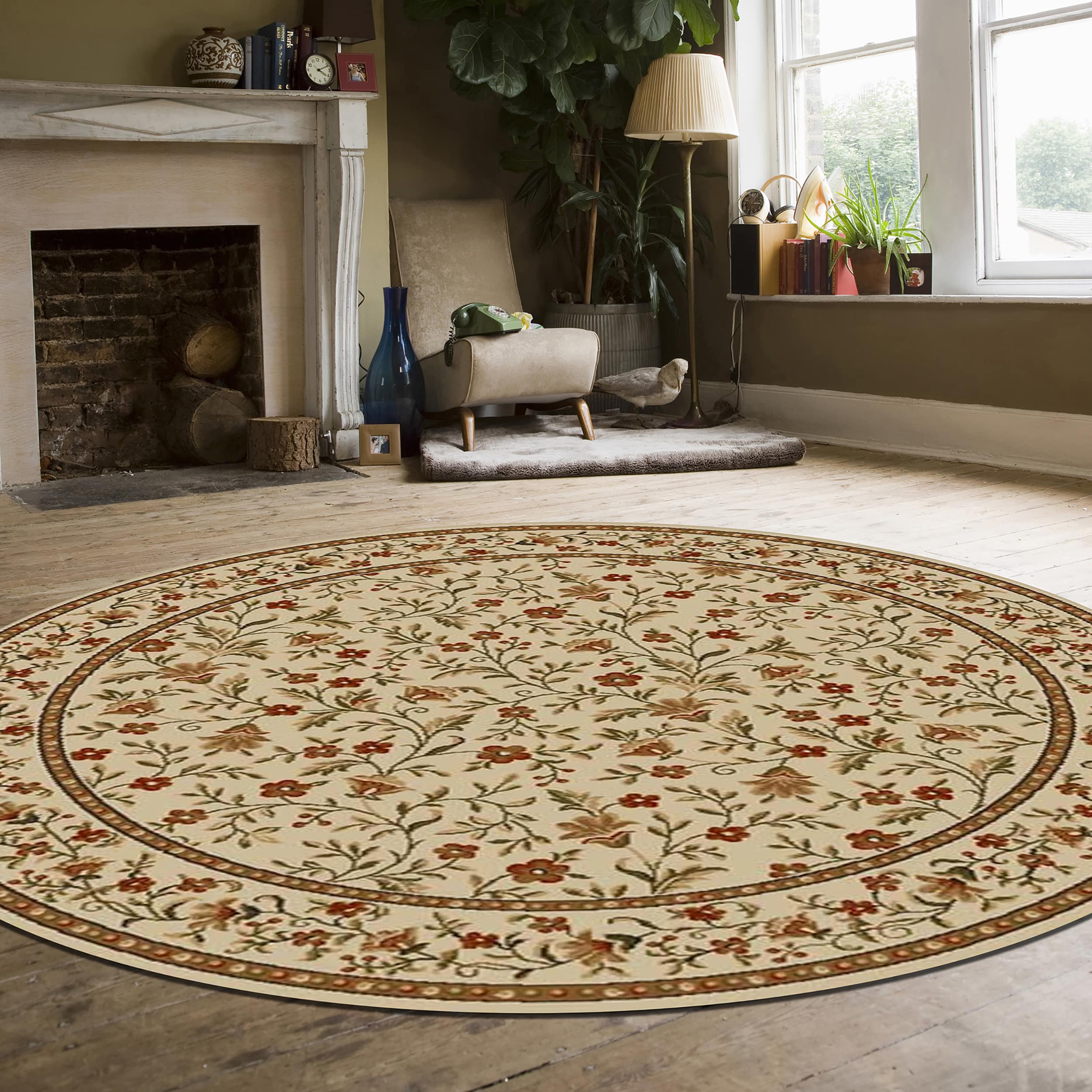 Radici USA 1593/1145/IVORY Como 5 x 5 (ft) Polypropylene Off-white Round Indoor Floral/Botanical Oriental Area rug