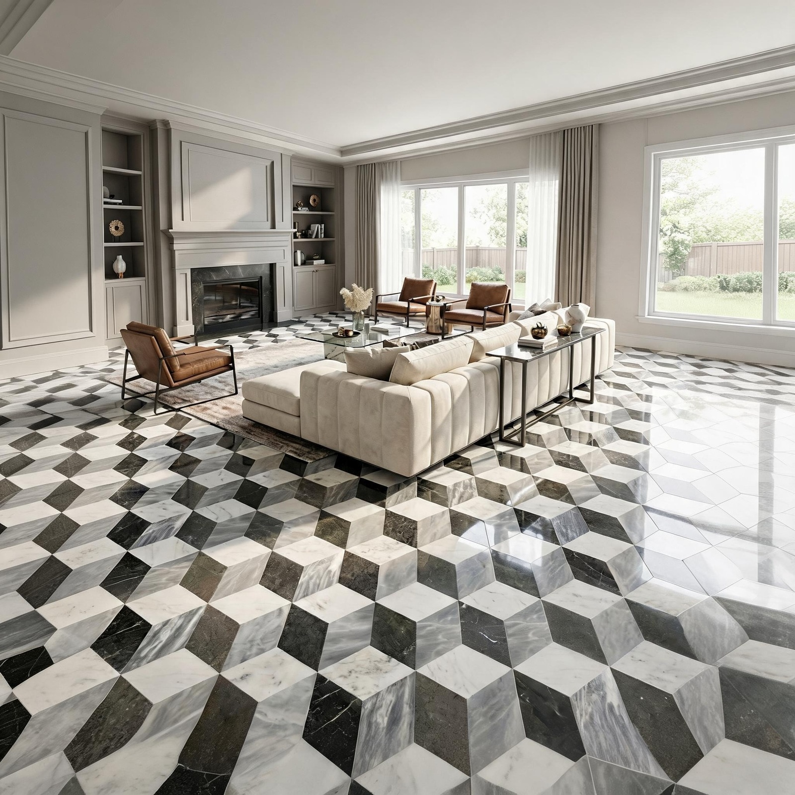 LIVACA 6 inch Polished Natural Marble Hexagon Waterjet Wall and Floor Tile with White Black Gray Three Color Pattern