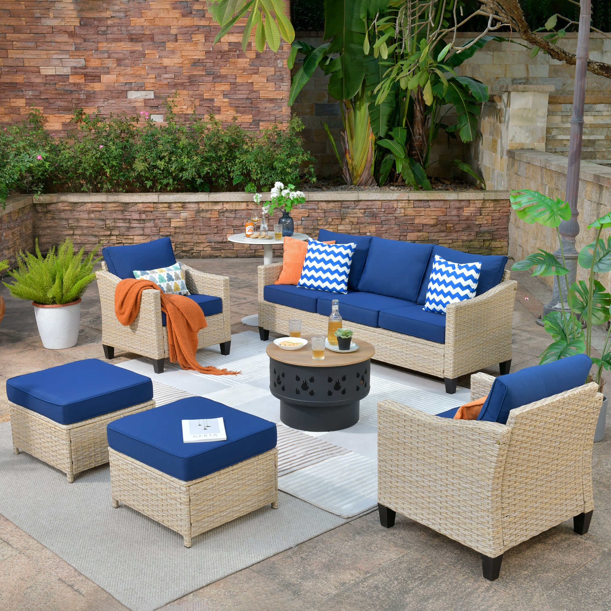 weaxty HMBYM307DAR705 Athena 6-Piece Wicker Patio Sofa Conversation Set with Blue Cushions