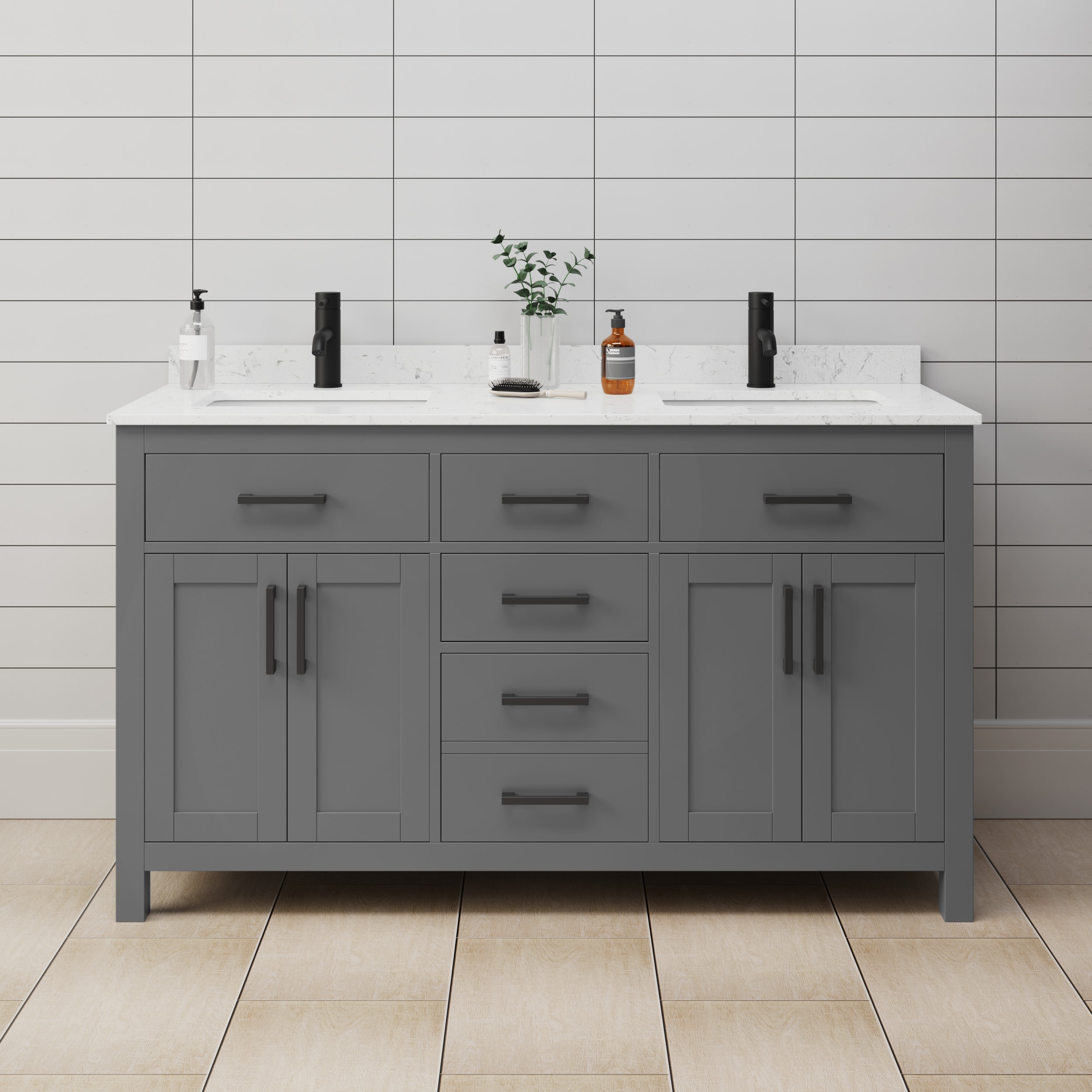 Wyndham Collection WCG242460DGBCCUNSMXX Beckett 60-in Dark Gray with Matte Black Trim Undermount Double sink Bathroom Vanity with Carrara Cultured Marble Cultured marble Top