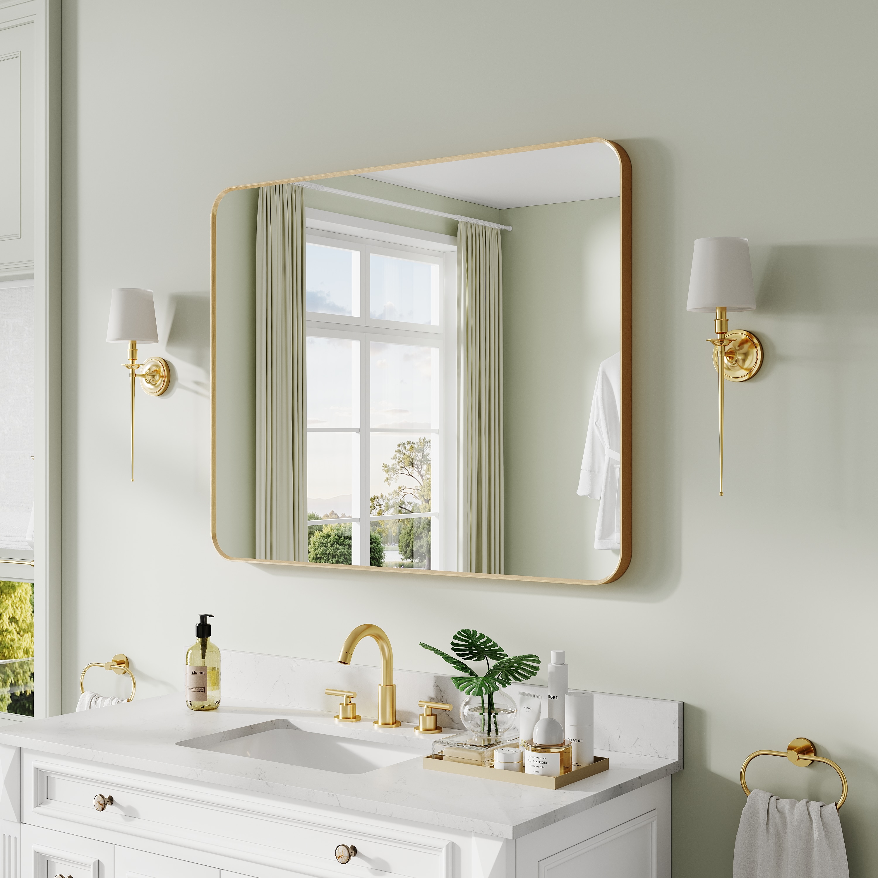 Forclover Bathroom Mirror 40-in x 32-in Framed Rectangle Lighted Bathroom Vanity Mirror ( Gold )