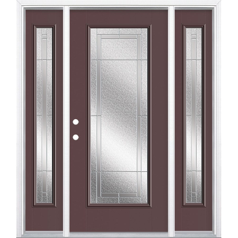 Masonite 3420180 Focus 60-in x 80-in x 4-9/16-in Fiberglass Full lite Right-hand inswing Currant Painted Prehung Front Door with Sidelights with Brickmould Insulating core