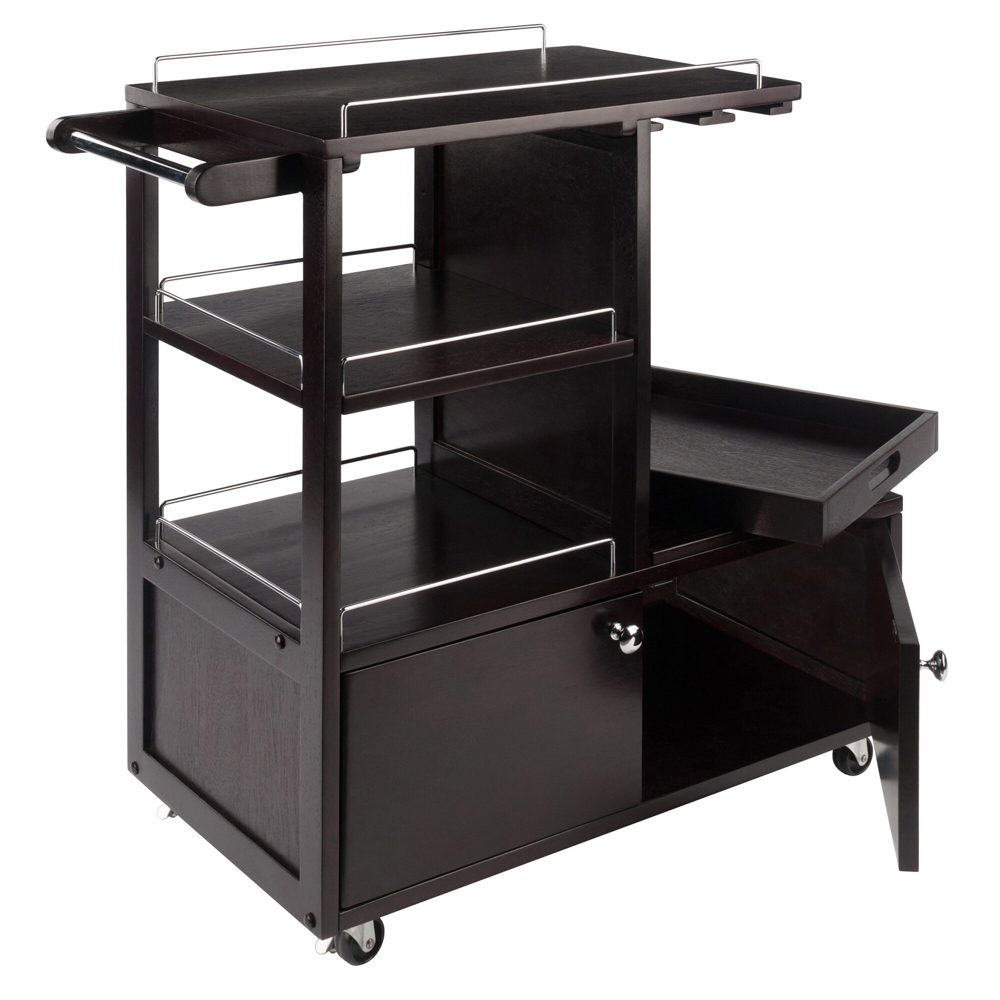 Winsome Espresso Transitional Kitchen Cart with Wine Storage and Serving Tray