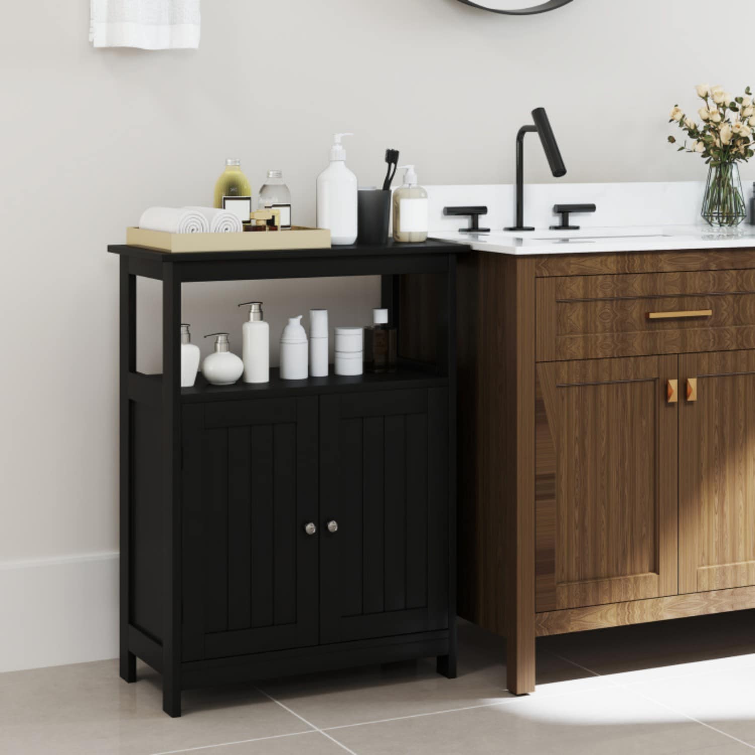 Vanityfus Bathroom Floor Cabinet Freestanding Storage Organizer with Open Compartment-Black