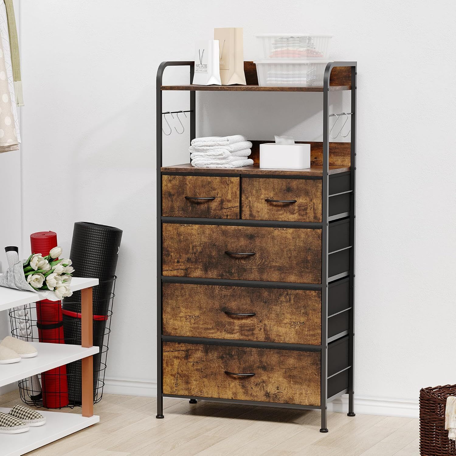 WhizMax LDYLSPHO-0WOK625J 5 Drawer Fabric Dresser Compact Storage Unit with Sturdy Metal Frame Easy Assembly Versatile Organizer for Clothes and Essentials in Rustic Brown