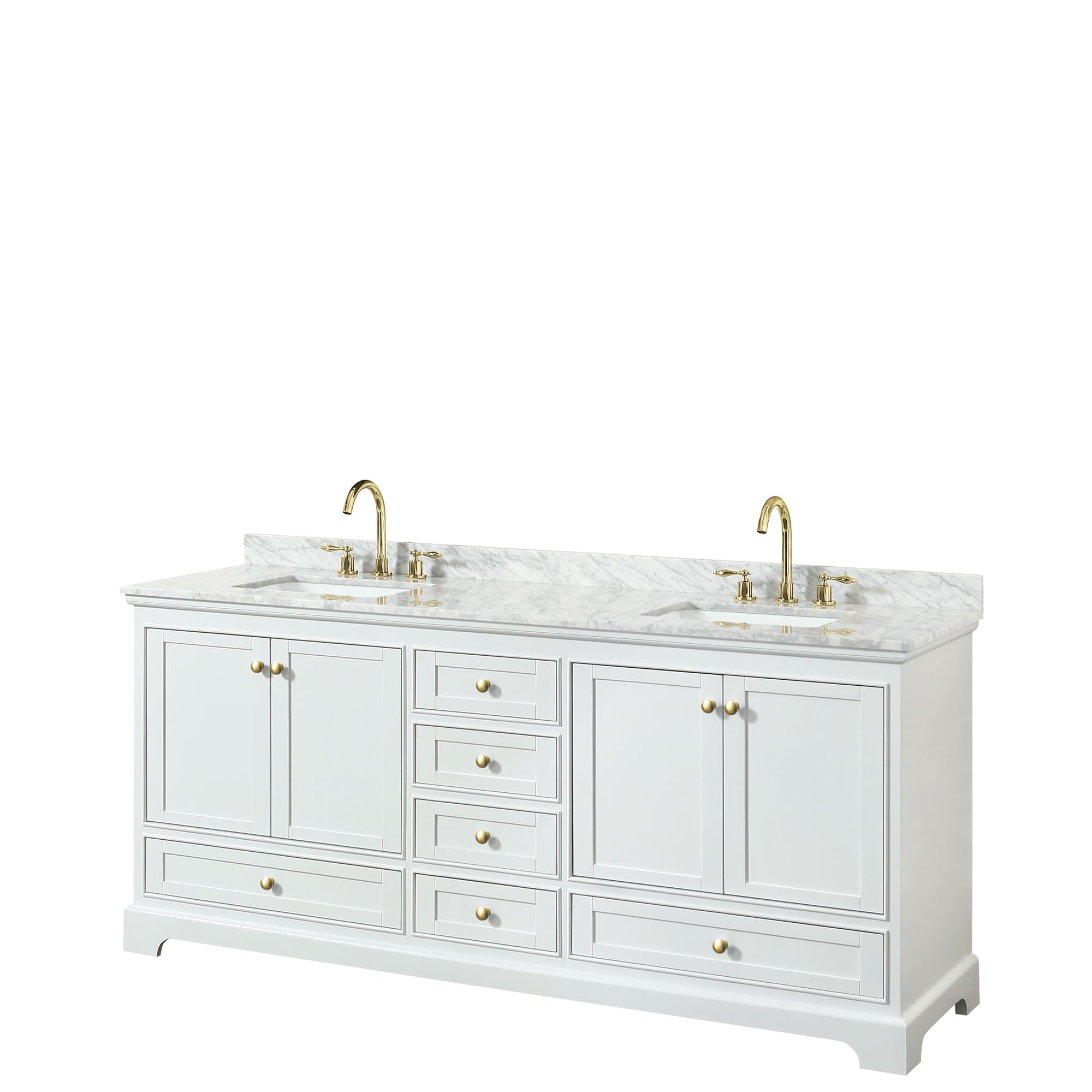 Wyndham Collection WCS202080DWGCMUNSMXX Deborah 80-in White with Brushed Gold Trim Undermount Double sink Bathroom Vanity with White Carrara Marble Marble Top