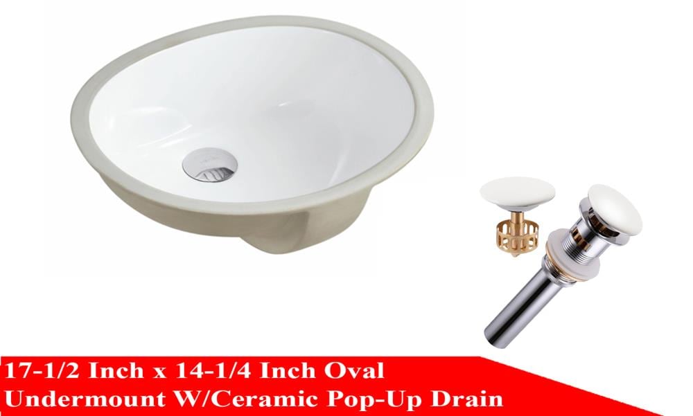 Kingsman Hardware UV1714P-OFCA Ceramic Undermount Oval Modern White Bathroom Sink with Drain Included ( 17.5-Inches x 14.25-Inches )