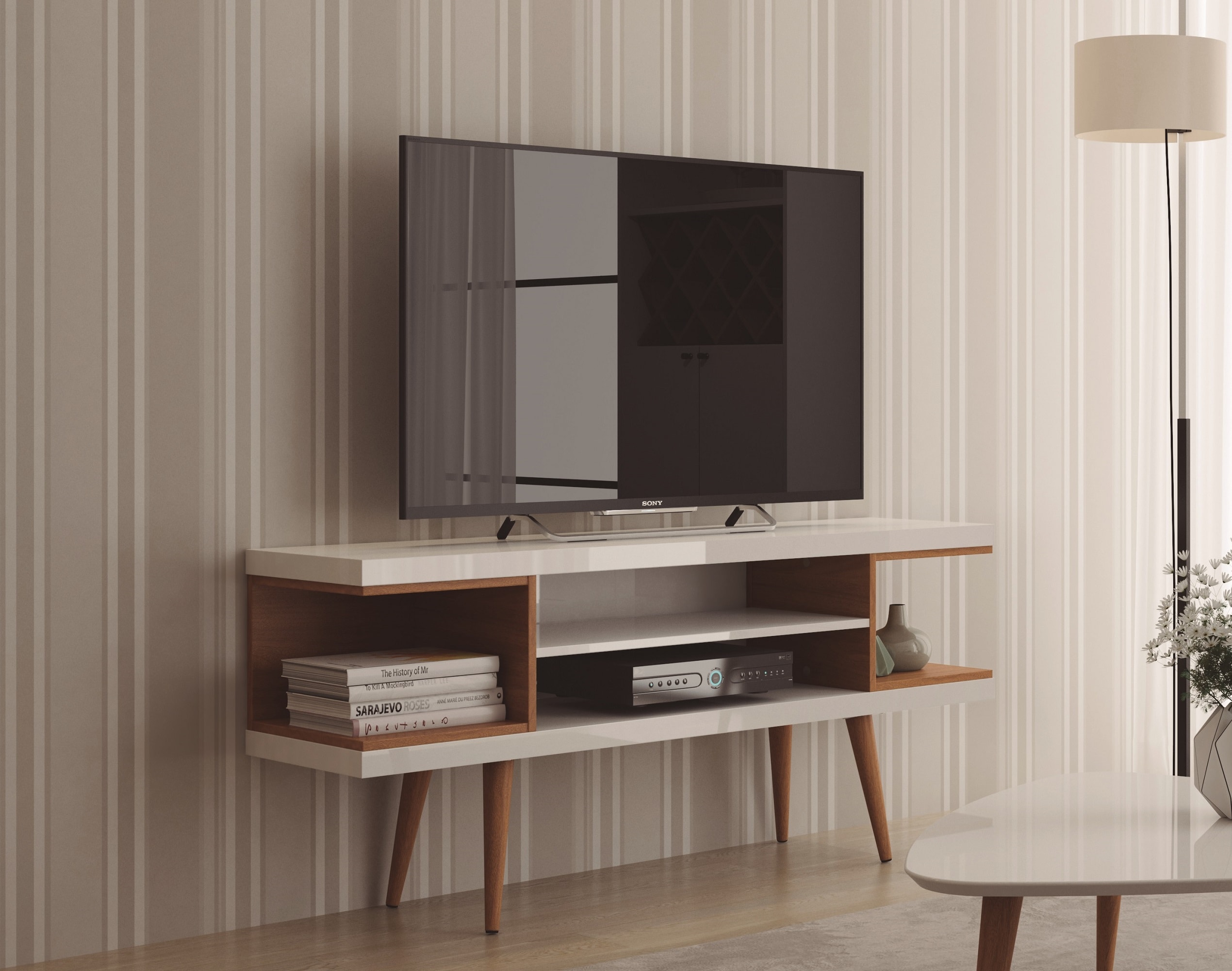 Manhattan Comfort 19652 Utopia Modern/Contemporary White Gloss and Maple Cream TV stand ( Accommodates TVs up to 50-in )