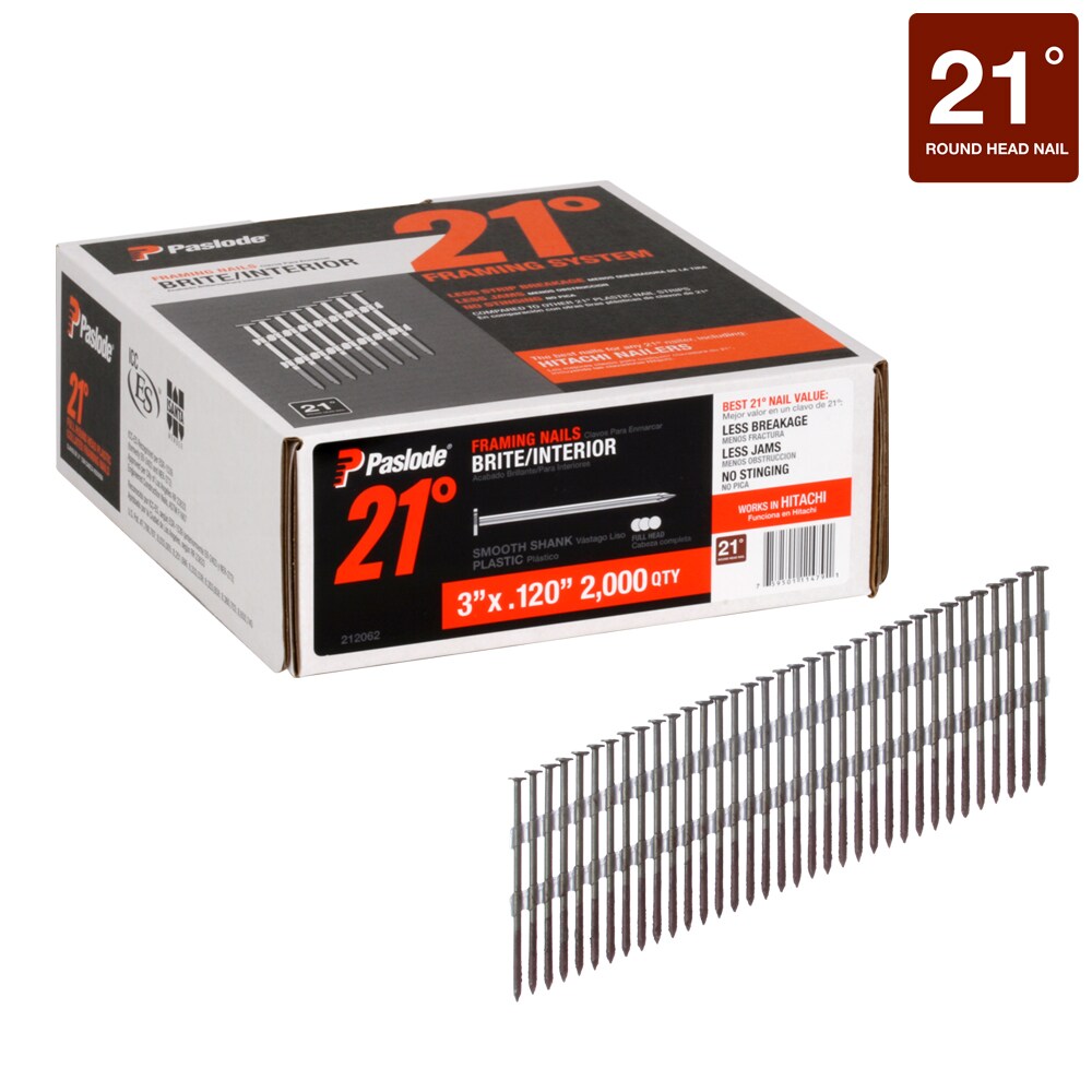 Paslode 212062 3-in x 0.12-in 21 -Degree Bright Smooth Shank Collated Framing nails ( 2000 -Per Box )