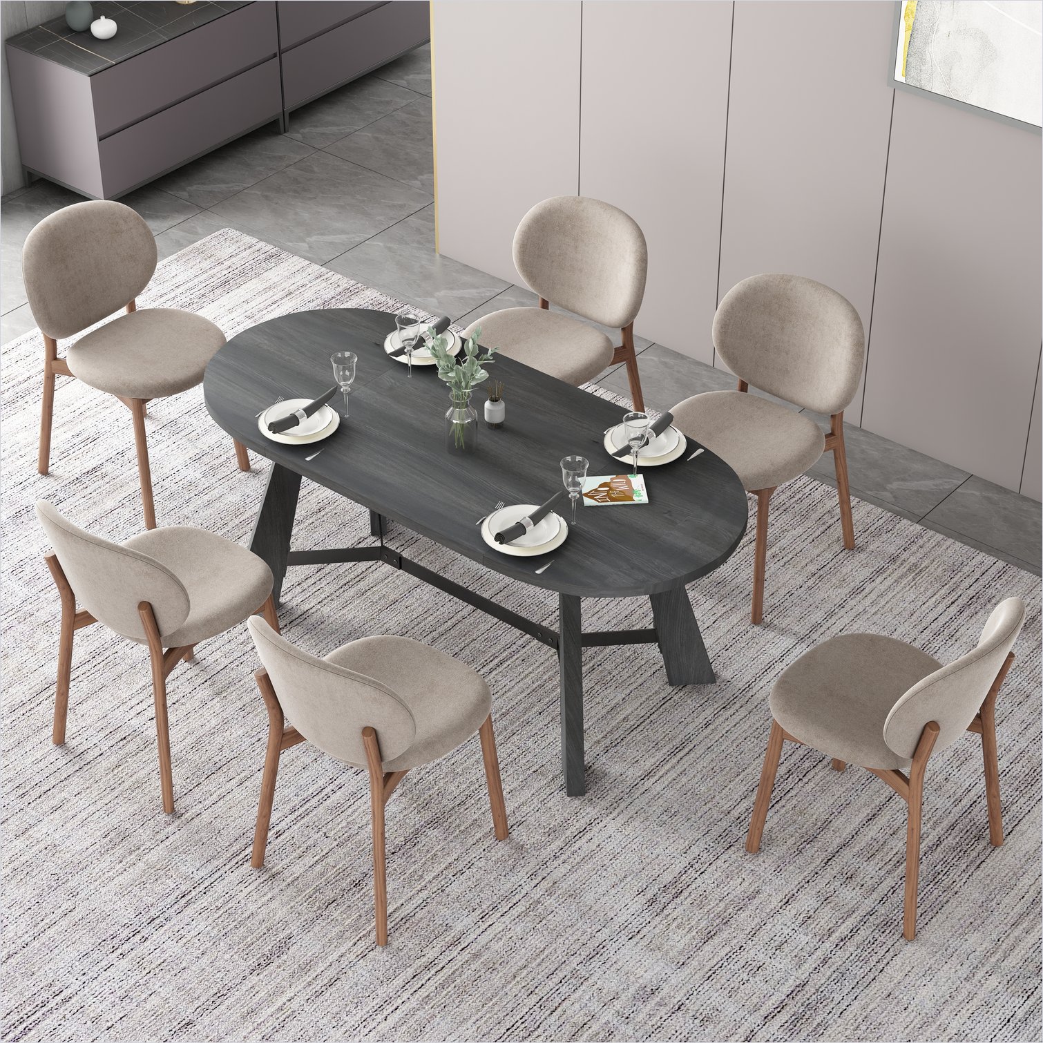 SUNCREAT Rustic Oval Dining Table with Tapered Legs Seats 6-8 Black ...