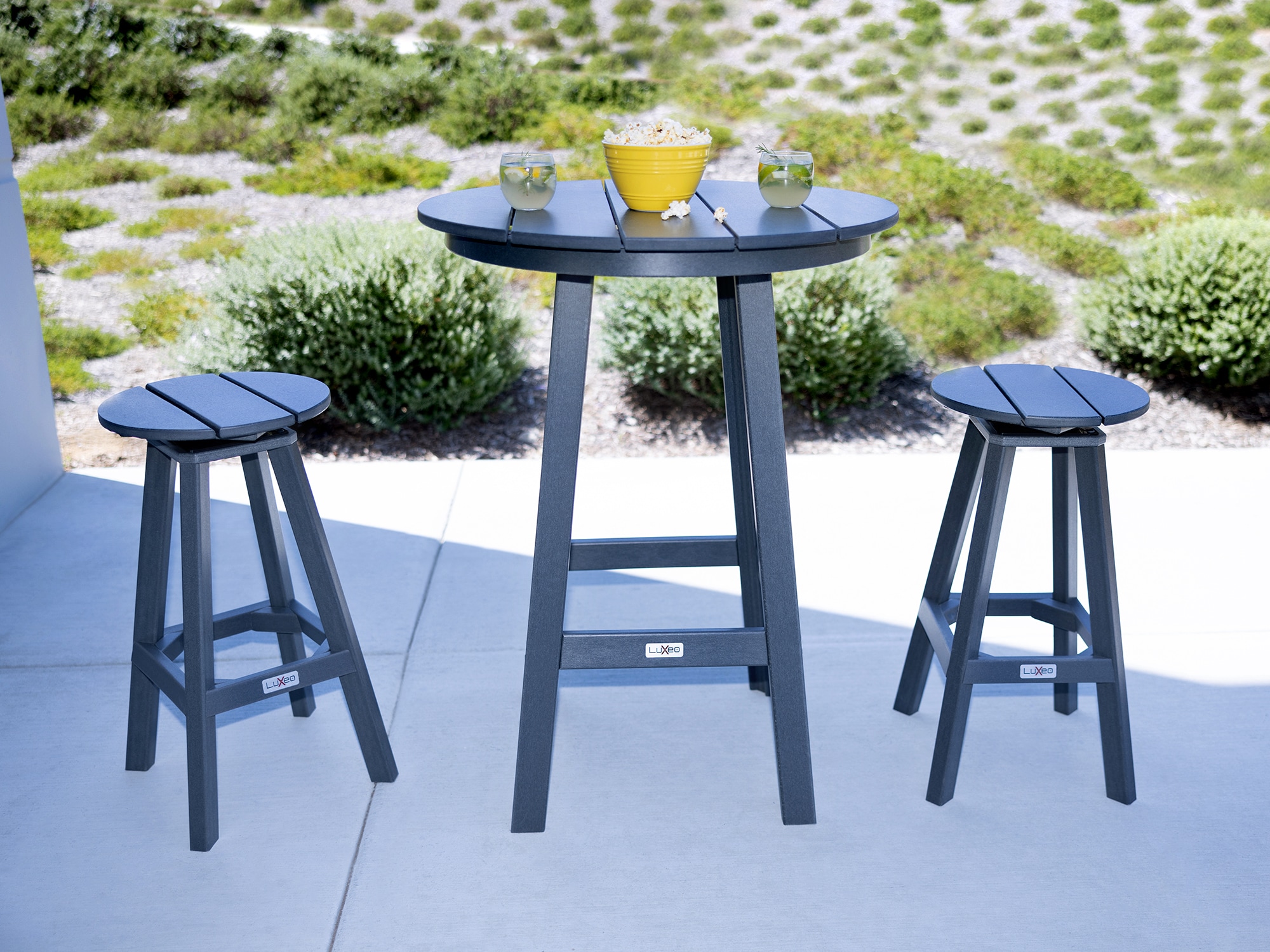 LuXeo 1661-GRY2-RDT Mason-Cabo Round Counter, 3-Piece 3 -Piece Gray Patio Dining Set Plastic Round Table with 2 Swivel Chairs