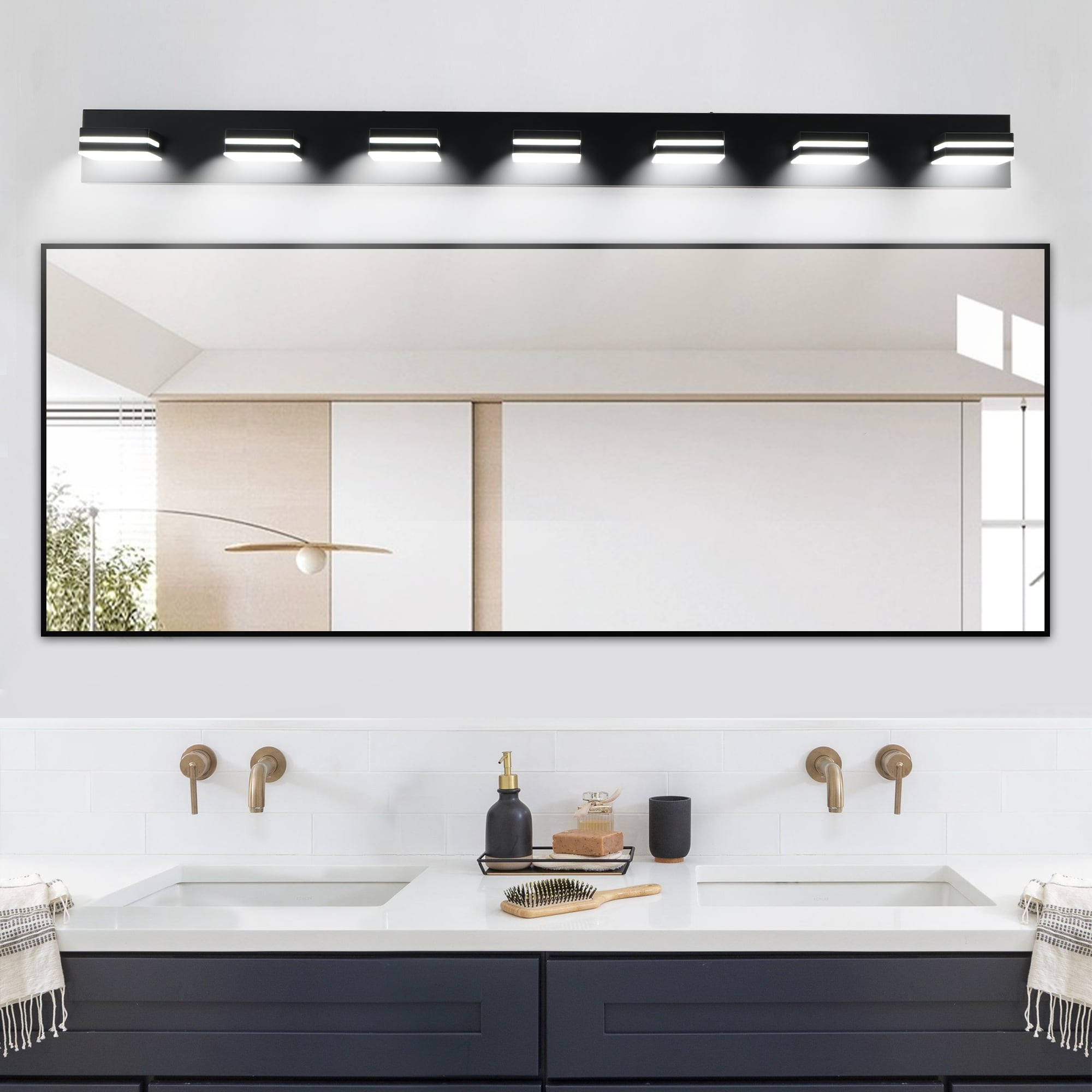Cuschoice -  55-in 7-Light Modern Black LED Vanity Light Bathroom Wall Sconce with Metal Geometri...