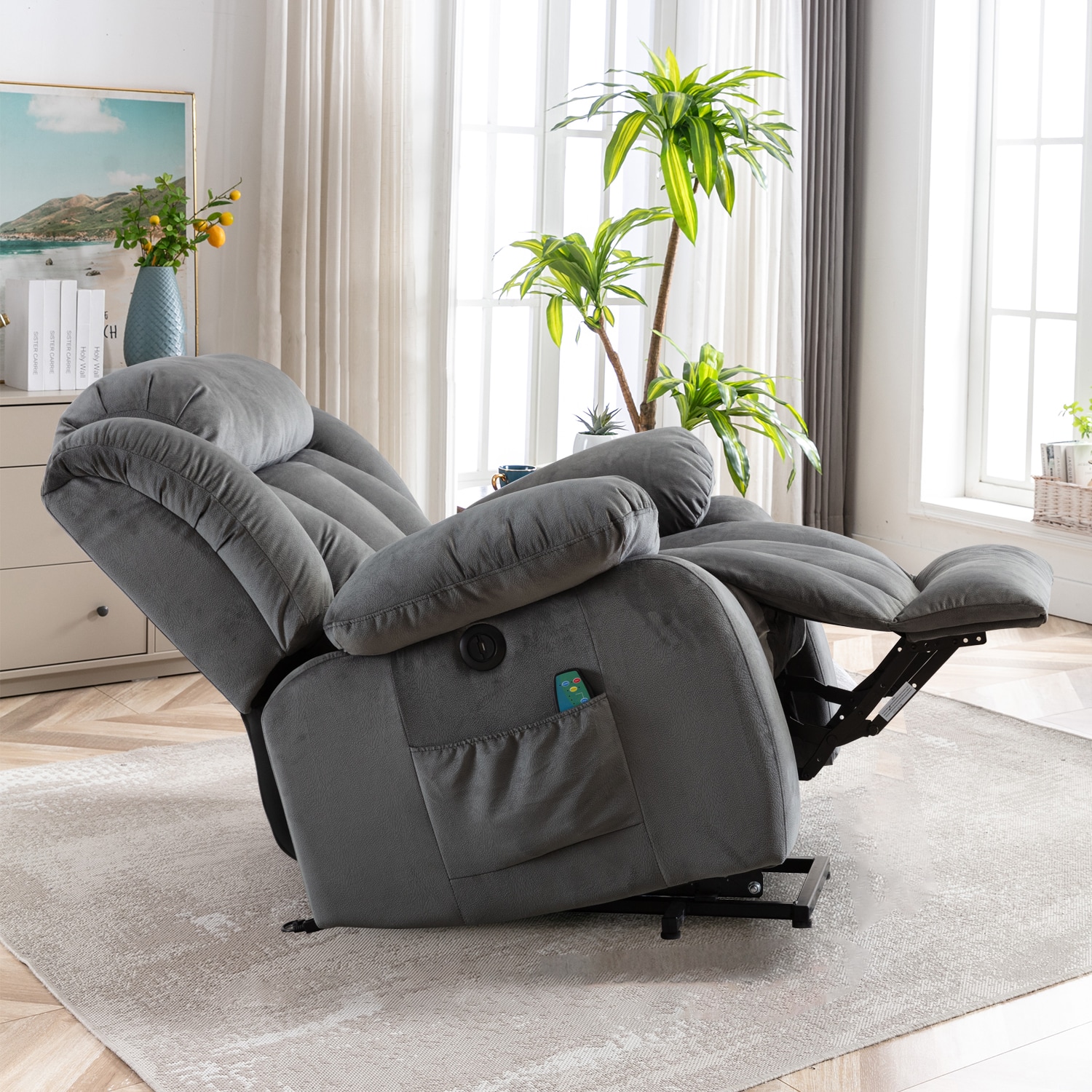Armen Living Claude Dual Power Headrest and Lumbar Support Recliner Chair in Light Grey Genuine Leather