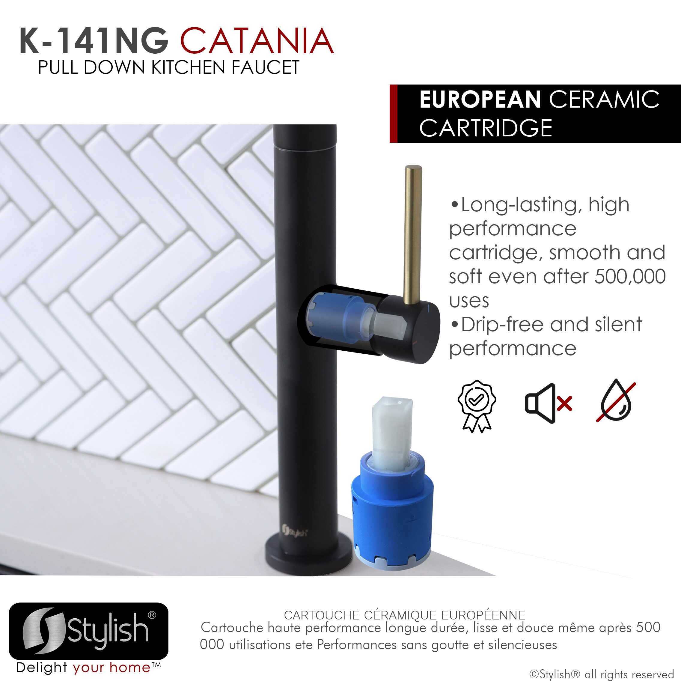 STYLISH Catania Kitchen Sink Faucet Single Handle Pull Down Dual Mode Lead Free Matte Black Finish