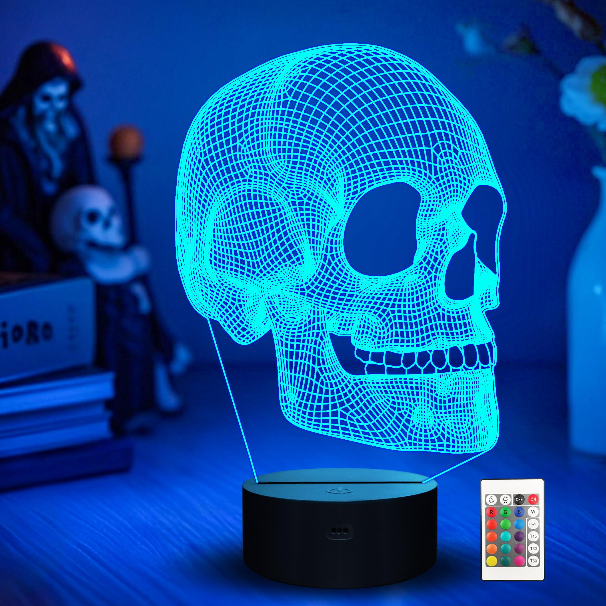 KIWDZFU  Skull Night Light 3D Illusion Lamp LED Desk Table Lamp 16 Colors Change with Remote Control and Timer Function for Kids Halloween