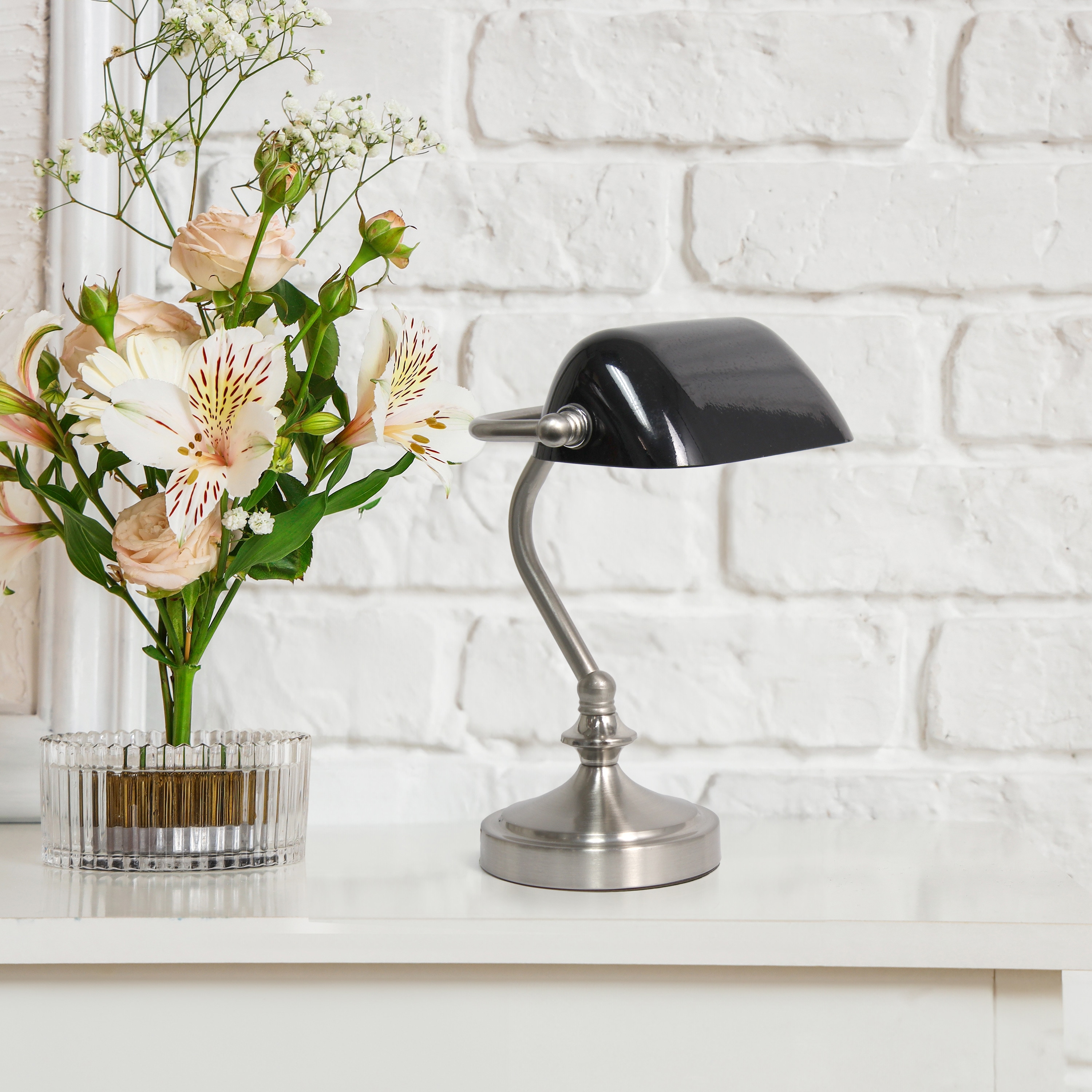 Petite Brushed Nickel Bankers Table Lamp with Black Glass Shade