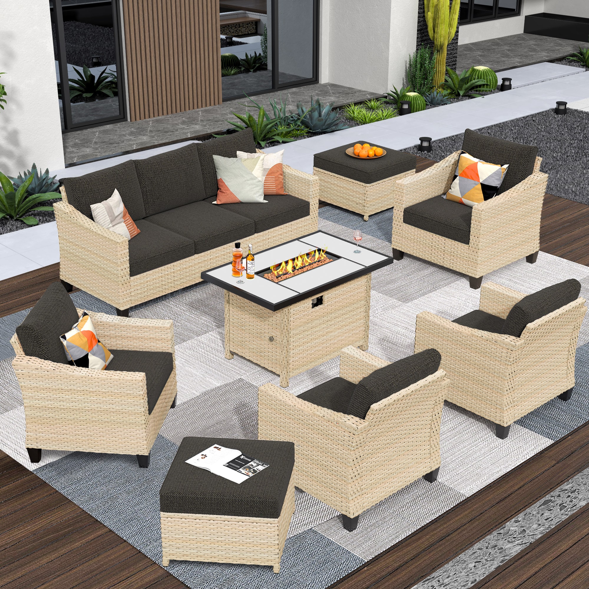 Pouuin SRFPDAR107 8 -Piece Wicker Patio Sofa Conversation Set with Black Cushions