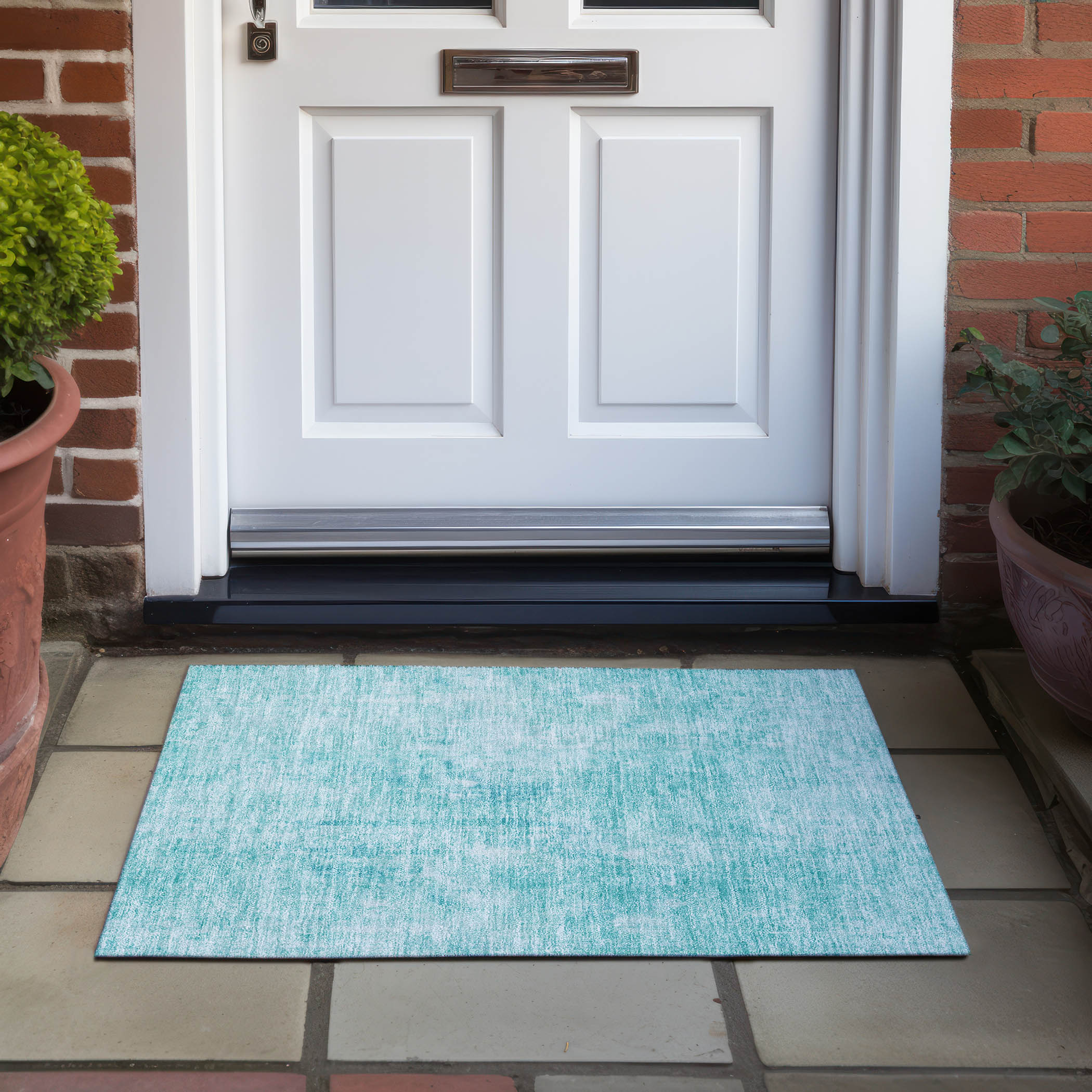 Teal Abstract Flat Woven Indoor Outdoor Rug 1'8" x 2'6"