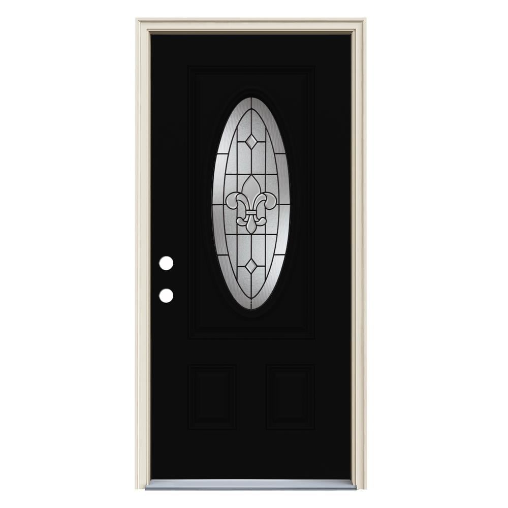 JELD-WEN LOWOLJW231200465 Nola 36-in x 80-in x 4-9/16-in Fiberglass Oval lite Right-hand inswing Black Painted Prehung Front Door with Brickmould Insulating core