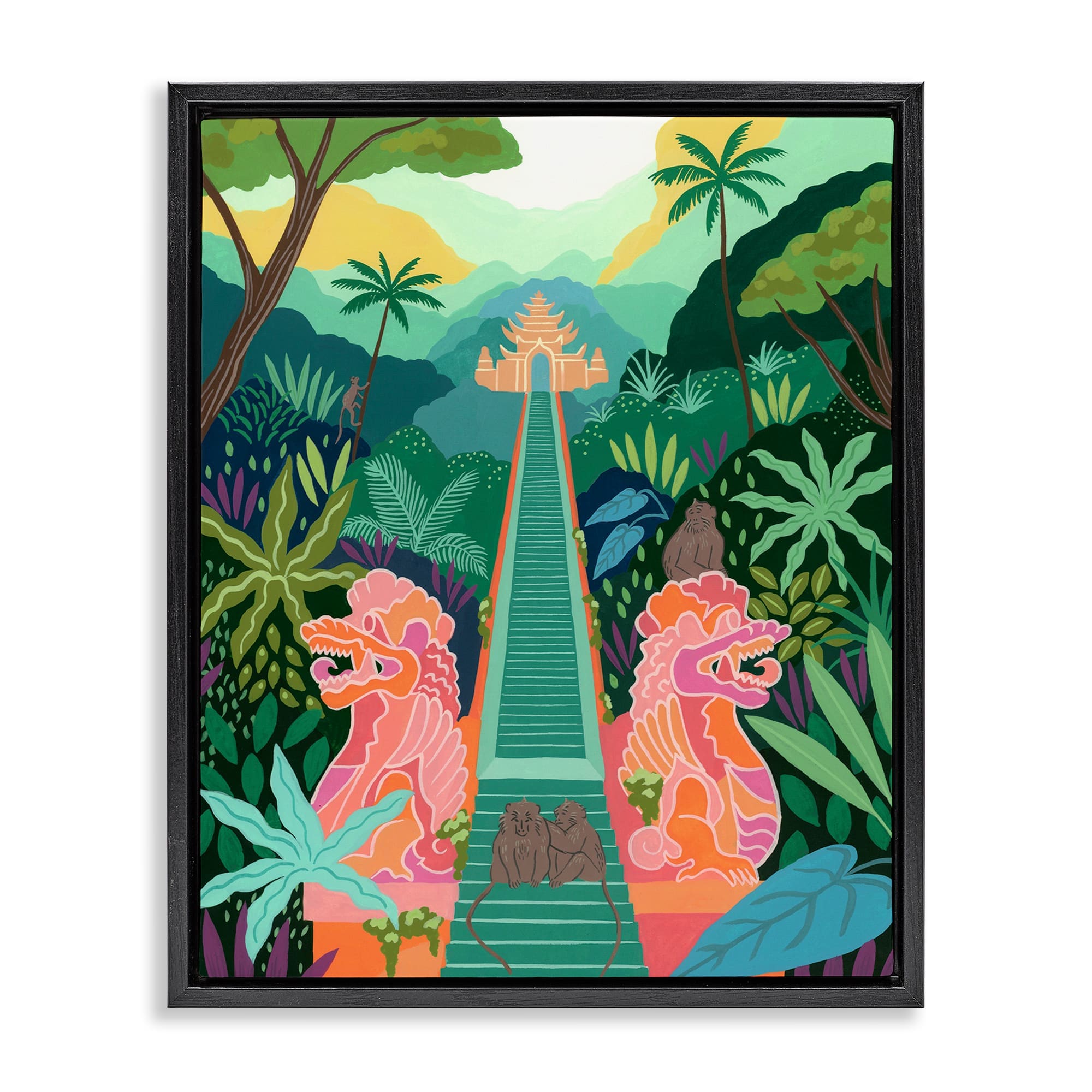 Stupell Industries BY-482-FFB-16X20 Monkey Forest Stairs to Temple Black Floating Frame Canvas Art 17 x 21