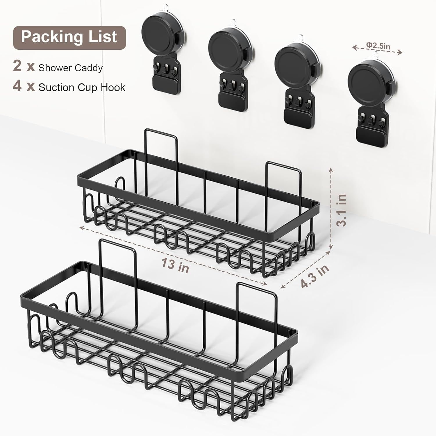 JUSHUA Shower Caddy Suction Cup 2 Pack No Drilling Shower Organizer for Bathroom with Large Capacity Storage Suction Powerful Max Hold 40 lbs Waterproof Removable Bathroom Shelf Black