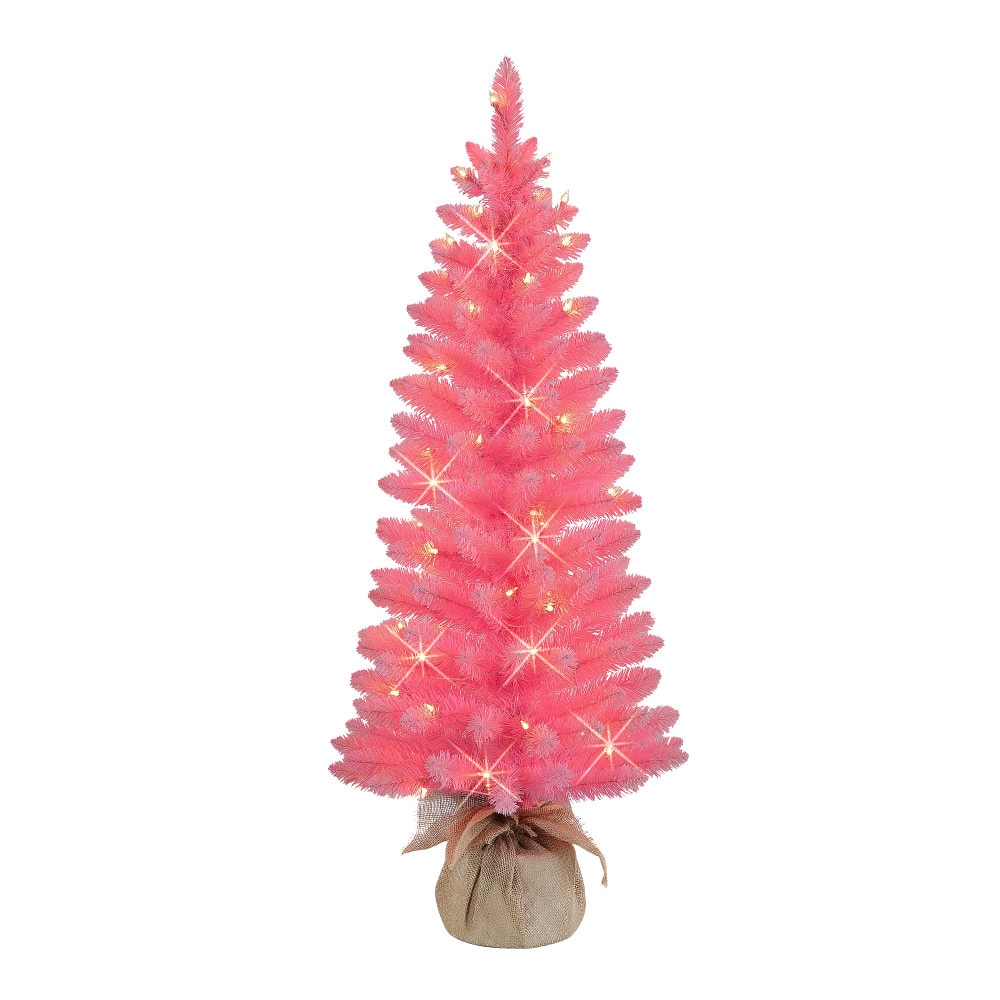 Puleo International ST9612A-40C07-PK 4-ft Fir Pre-lit Pink Artificial Christmas Tree with Clear Incandescent Lights