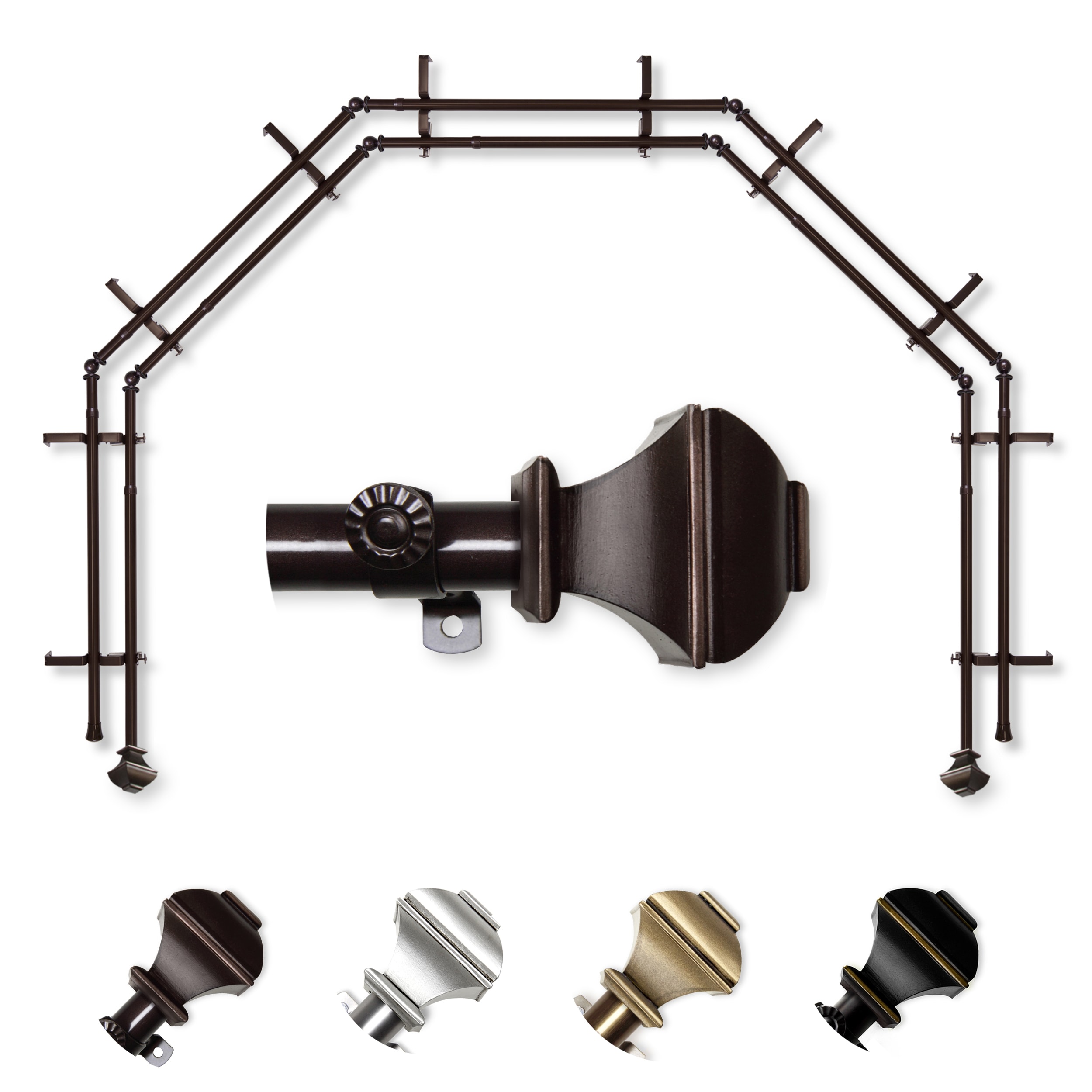 Hart & Harlow L-5BAY-82-7D Pandora 5-Sided Double Bay Cocoa Steel Bay window curtain rod with Finials