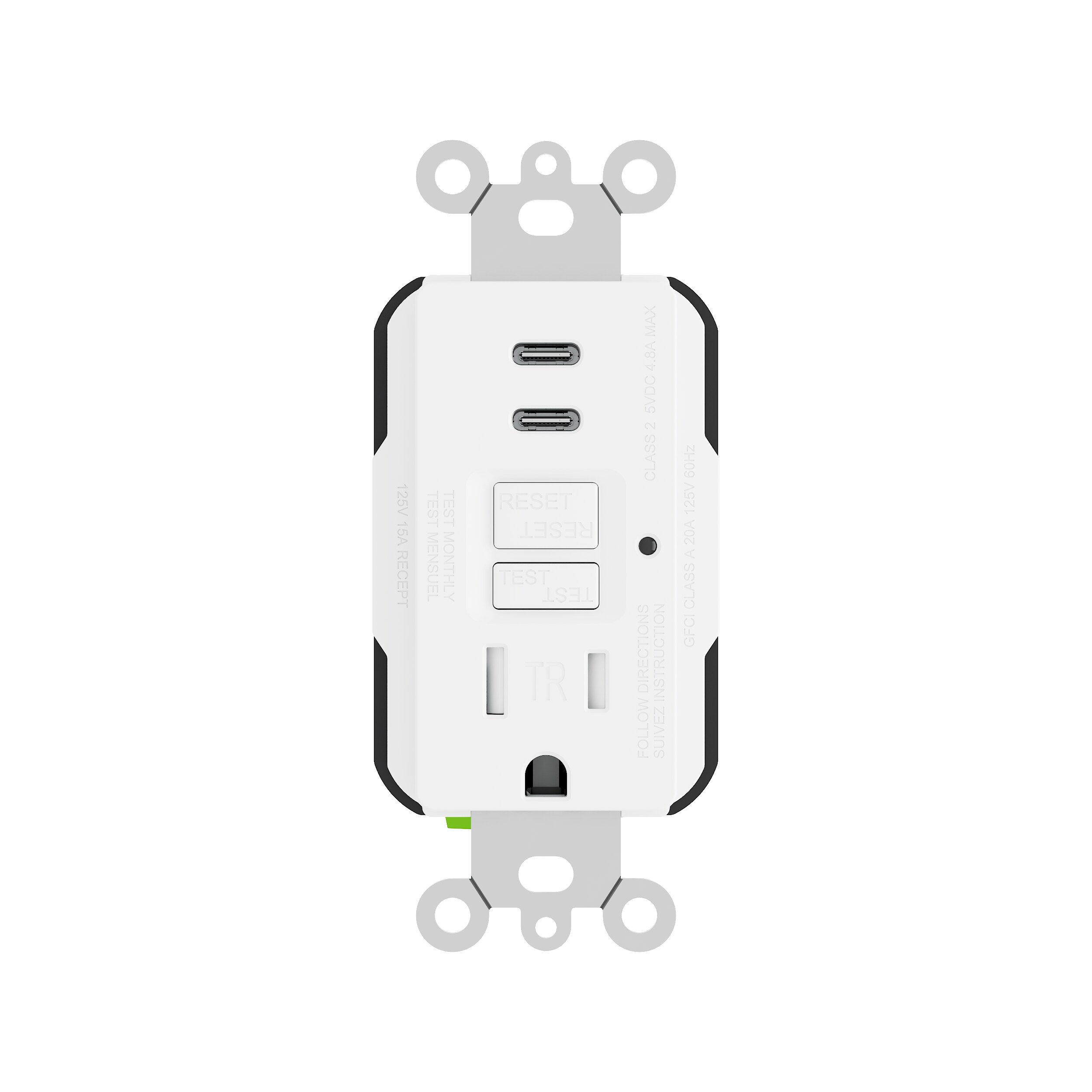 Utilitech LGR2315CCT1-WH 15 A GFCI TR USBCC, WH, 1 PC 15 -Amp 125-volt Tamper Resistant Recessed AFCI GFCI Residential Decorator Outlet Dual Type C , White