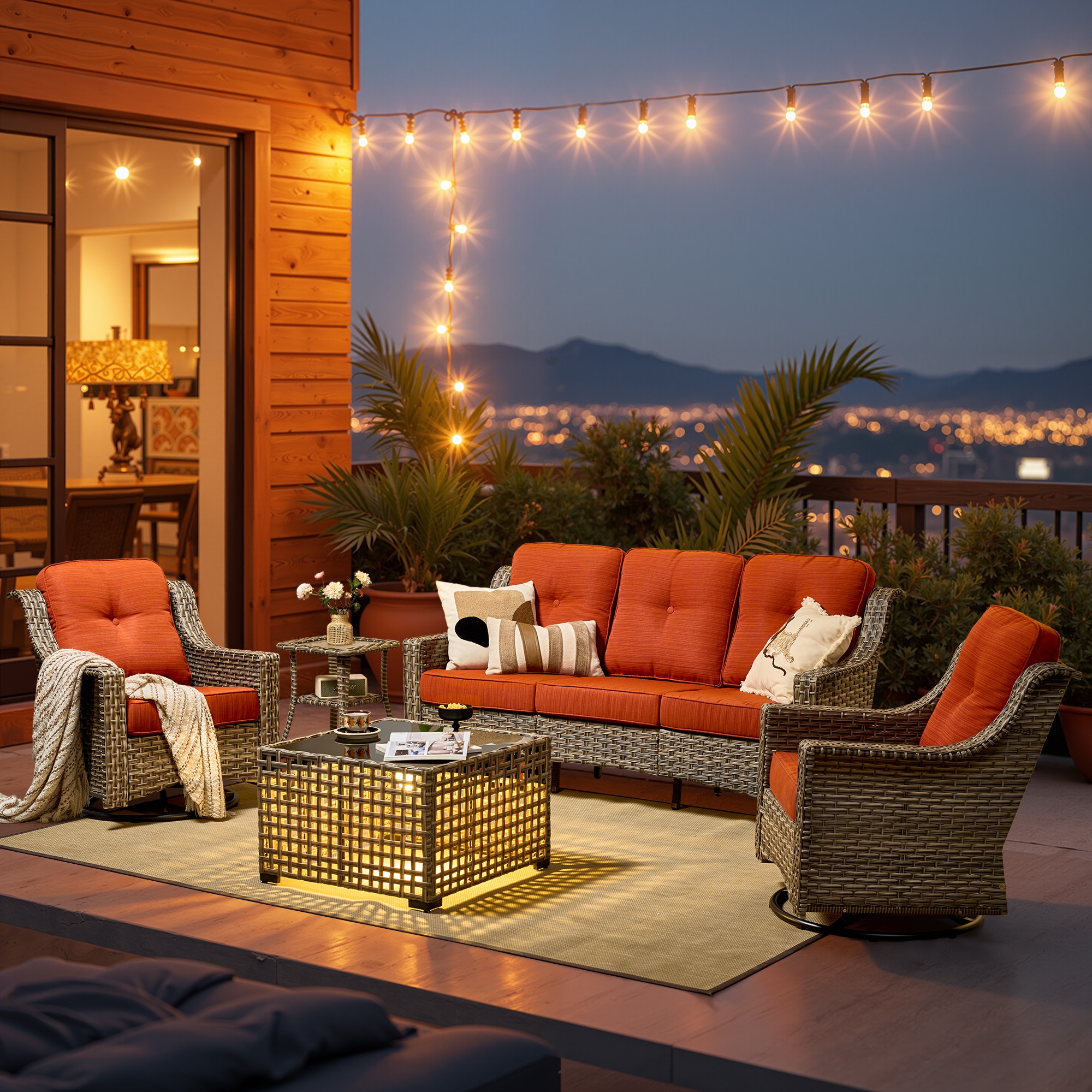 weaxty HMBYZPAD80C5-T Aireno 5 -Piece Rattan Patio Sofa Conversation Set with Orange Cushions