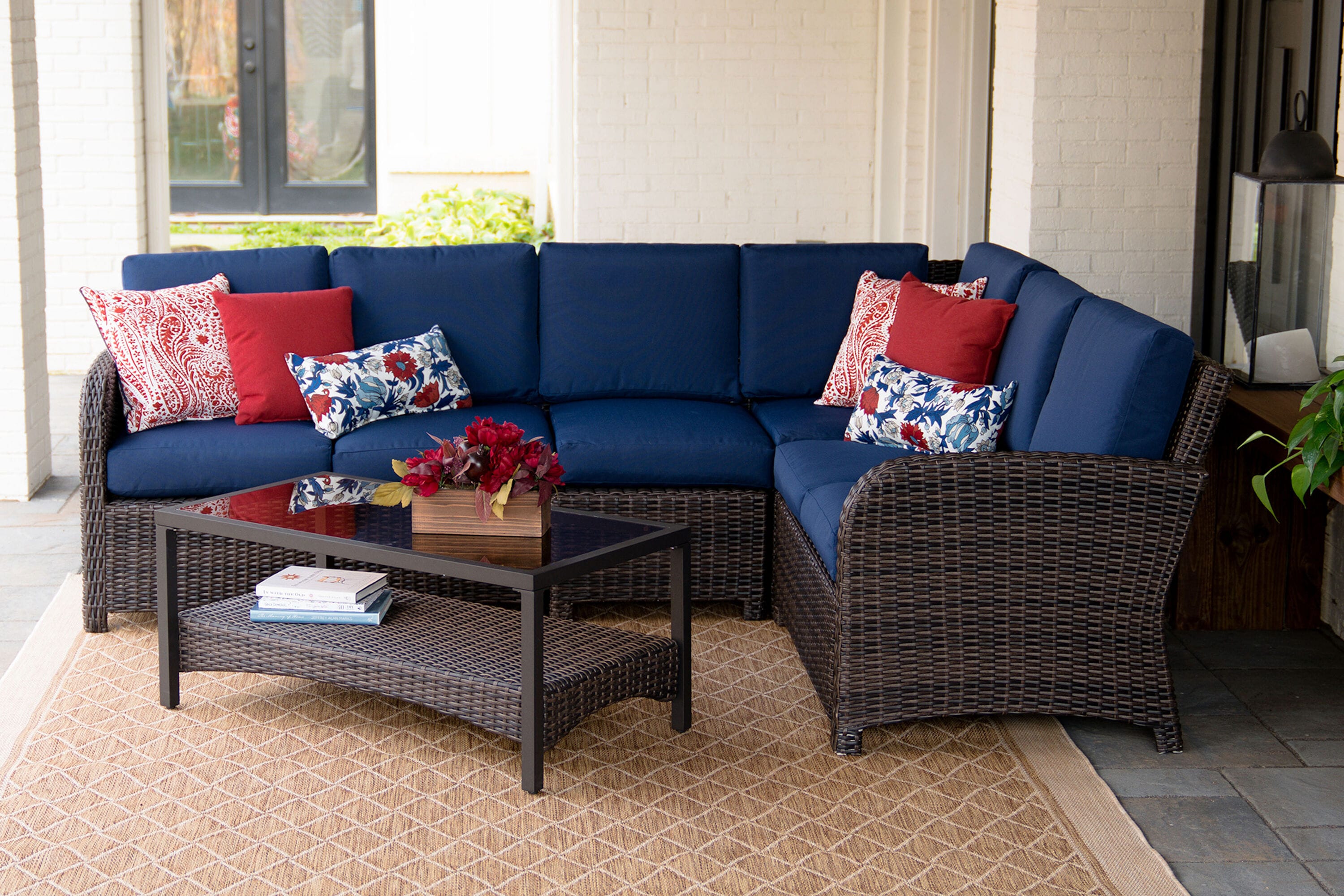 Leisure Made 779665-NVY Jackson Wicker Outdoor Sectional with Navy Cushions and Steel Frame