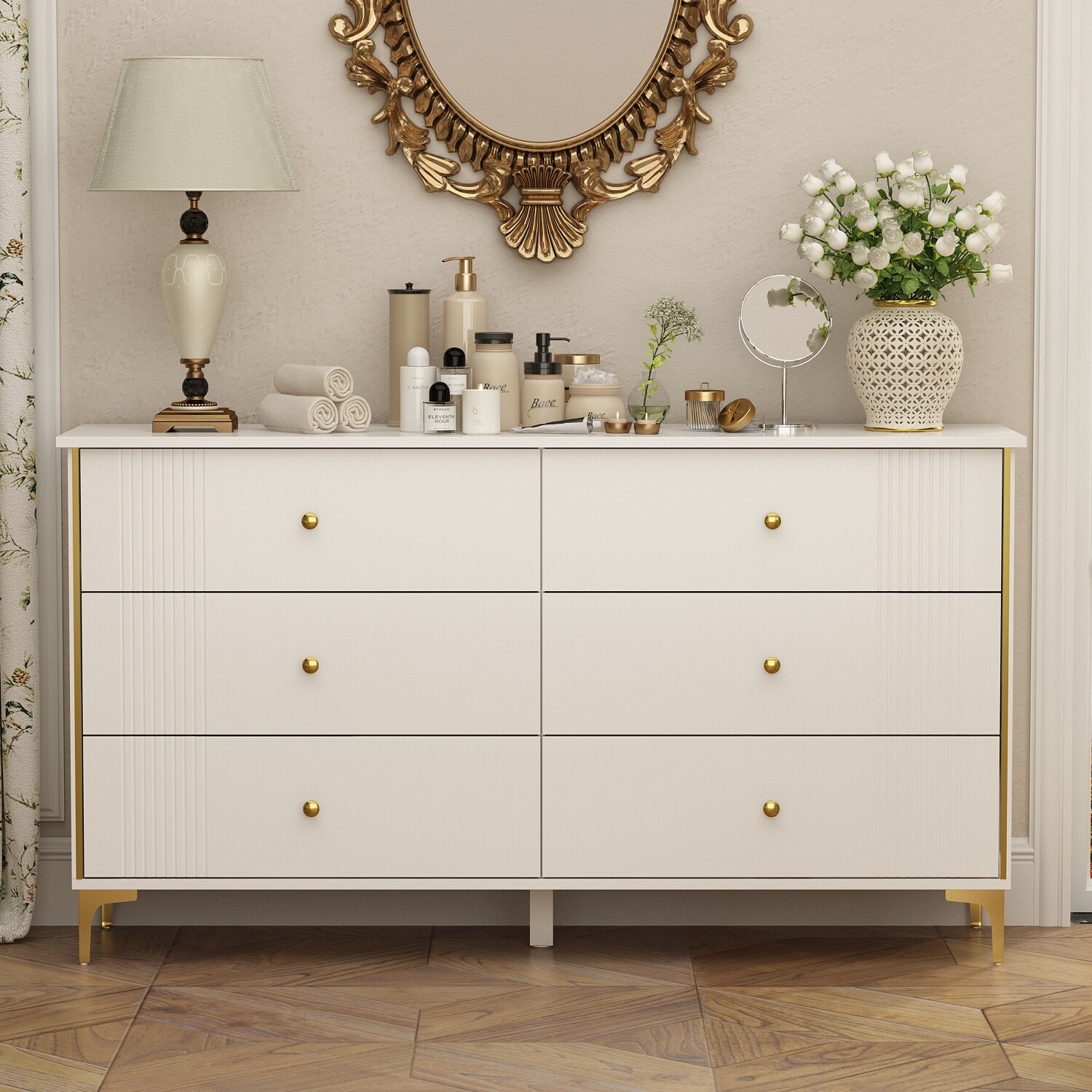 FUFU&GAGA Contemporary White 6-Drawer Dresser With Gold Metal Legs ...