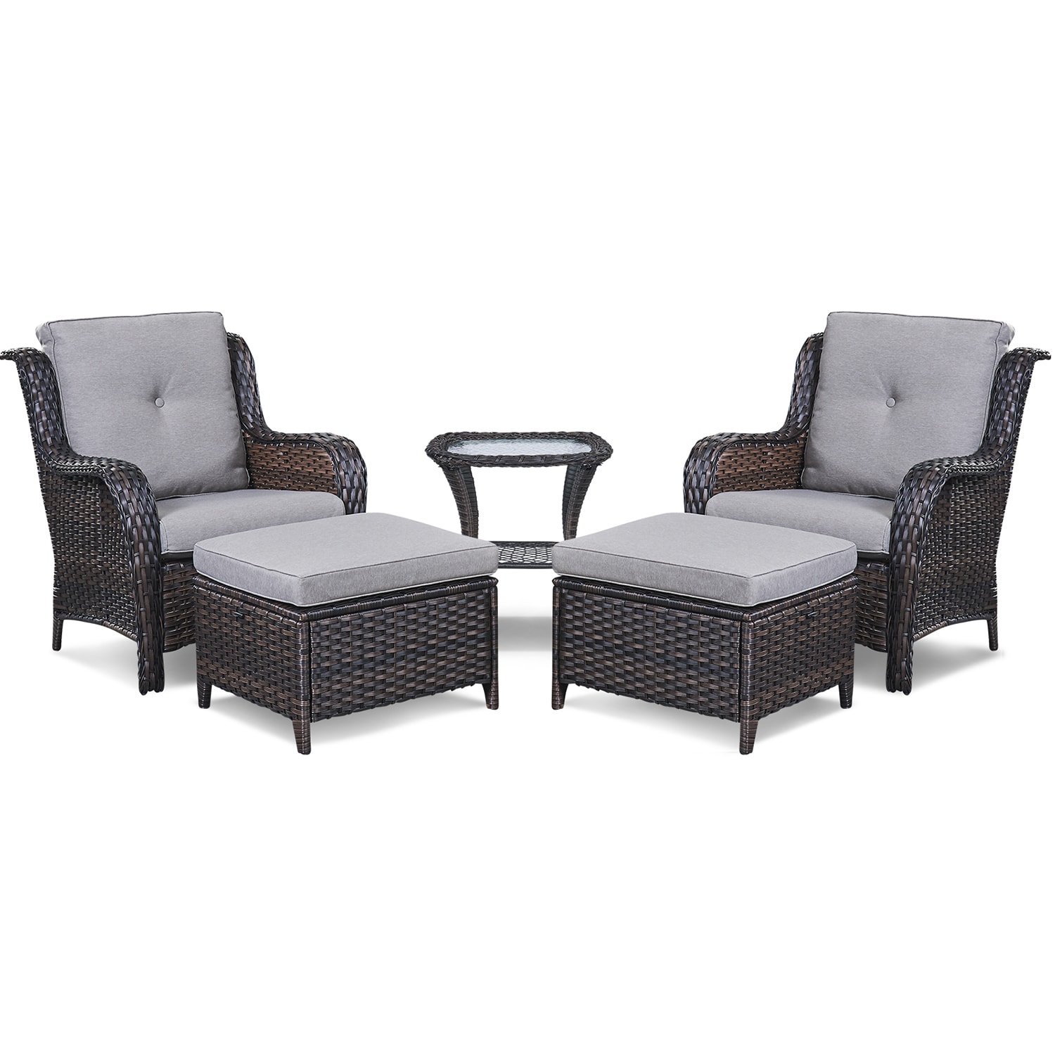 Rilyson FS006025014-3 Curved Handrail 5 -Piece Wicker Patio Conversation Set with Gray Cushions