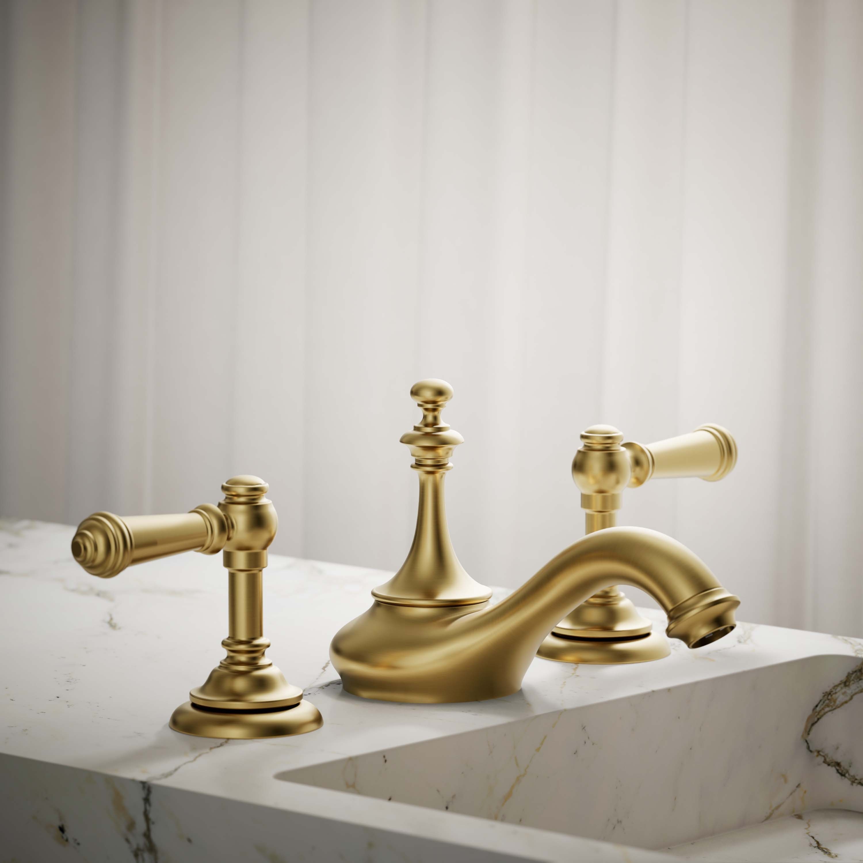 KOHLER K-72758-2MB Vibrant Brushed Moderne Brass Widespread Sold separately WaterSense Low-arc Residential Handle Bathroom Sink Faucet with Drain