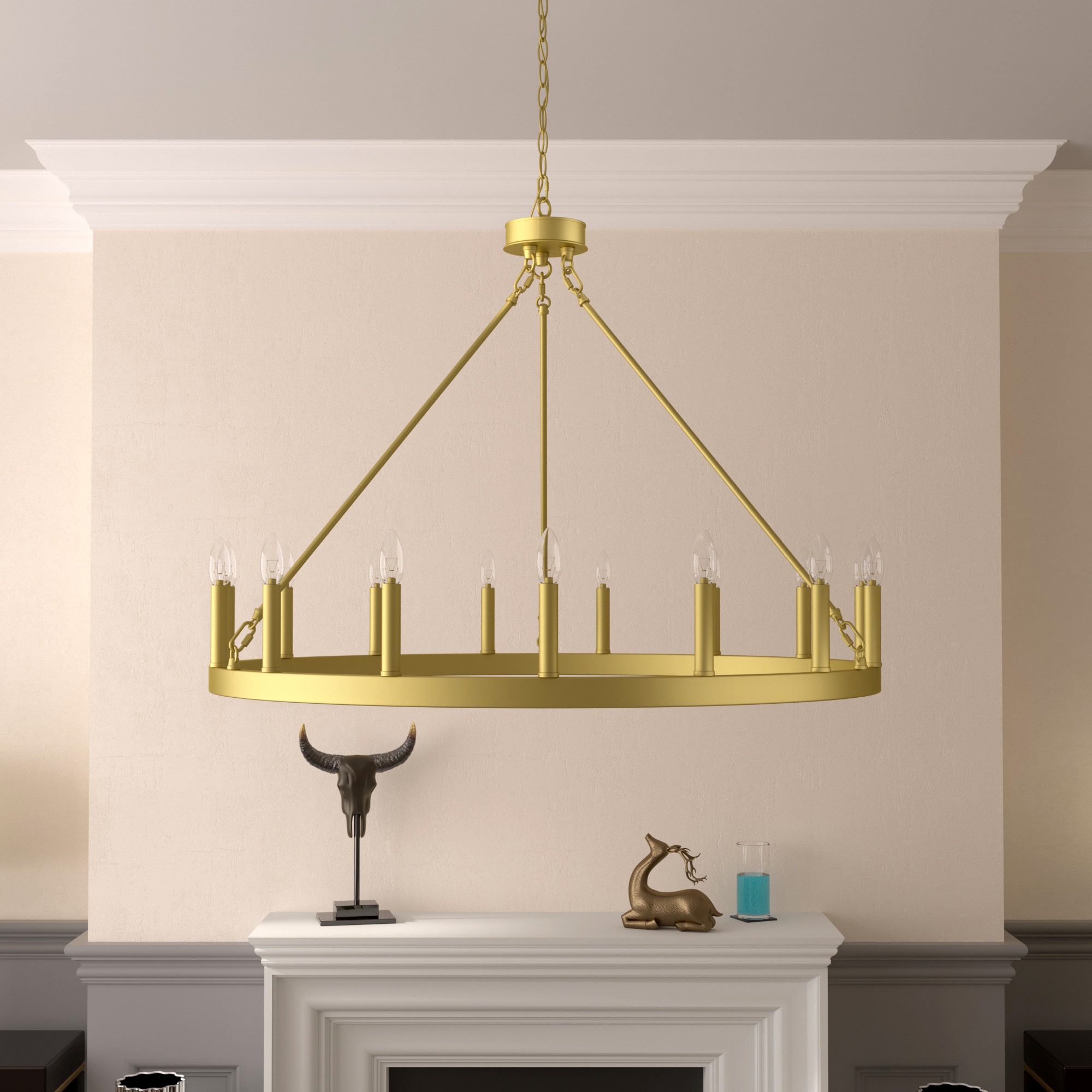 Satin Brass 40'' Large Wagon Wheel Chandelier with 15 Candle Lights
