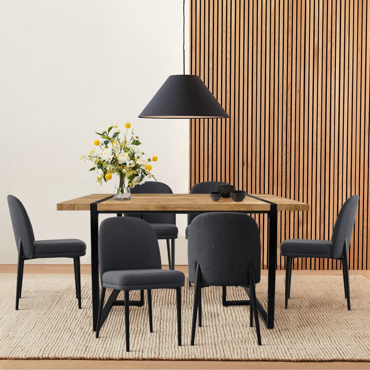 Maison Boucle CONSTANCE+HAVANA-BK6 7-Piece Modern Dining Table Set with Solid Wood Table and 6 Black Upholstered Chairs for Kitchen